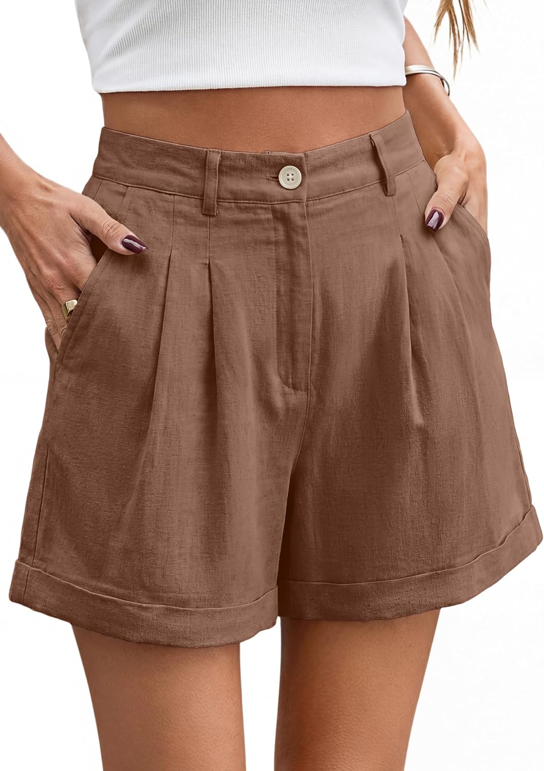Allimy Womens Summer High Waisted Cuffed Shorts Back Elastic Waistband Pleated Linen Shorts with Pockets