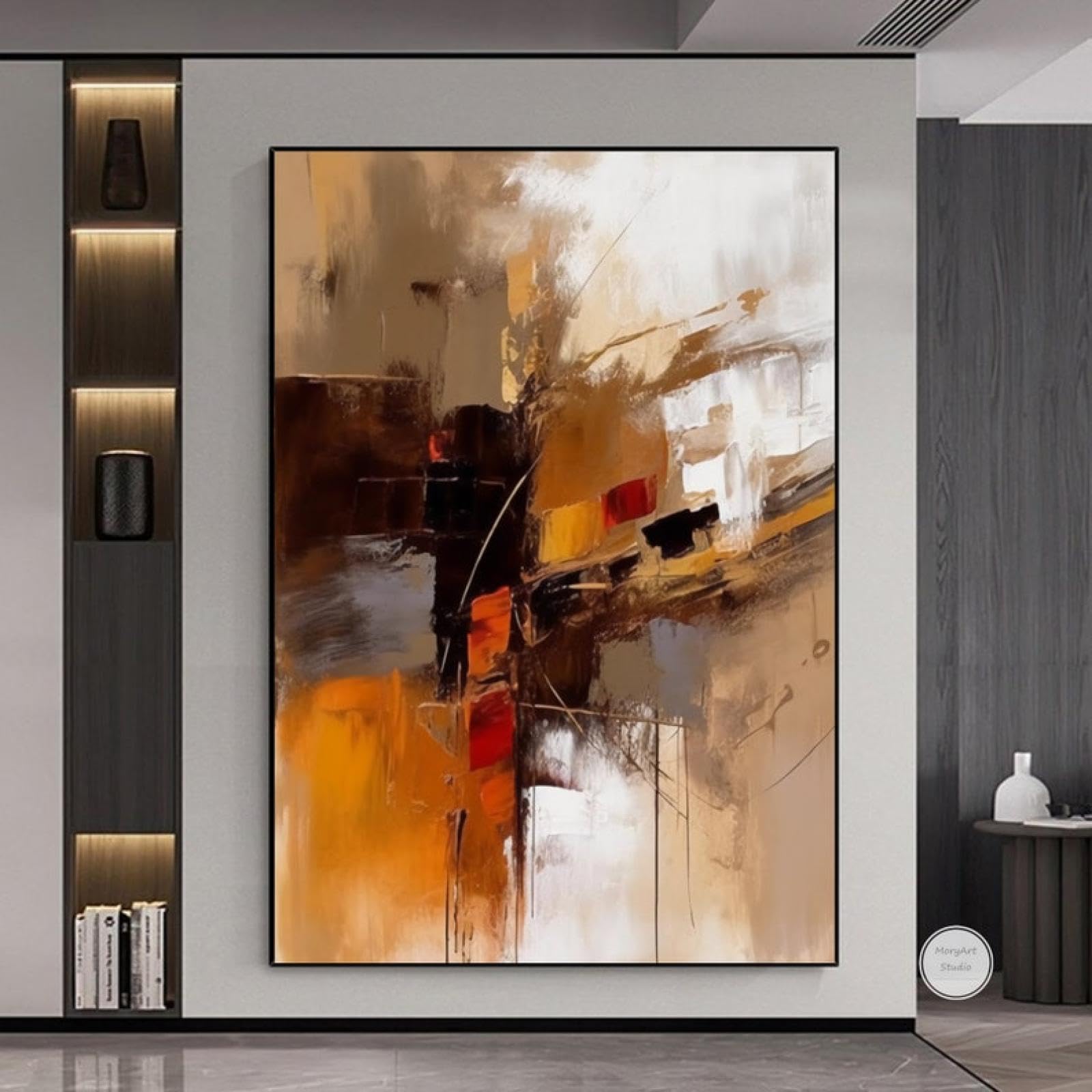 Guying Art With Frame Brown Wabi Sabi Abstract Painting White Texture Wall Art Extra Large Modern Orange Canvas Art Living Room Wall Decoration 80X120cm(31X47in)