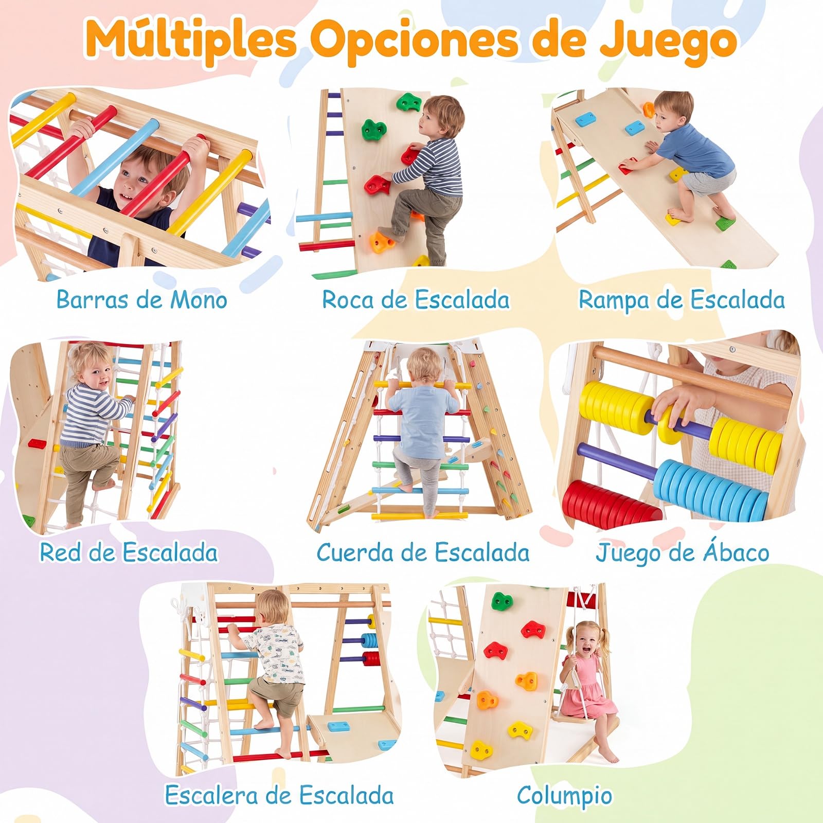 COSTWAY 8 en 1 Estructura de Escalada para Niños,Madera Maciza (Multicolor) | Juego de Escalada Montessori con Pared de Escalada, Barras de Mono y Columpio para Habitación Infantil Sala de Juego