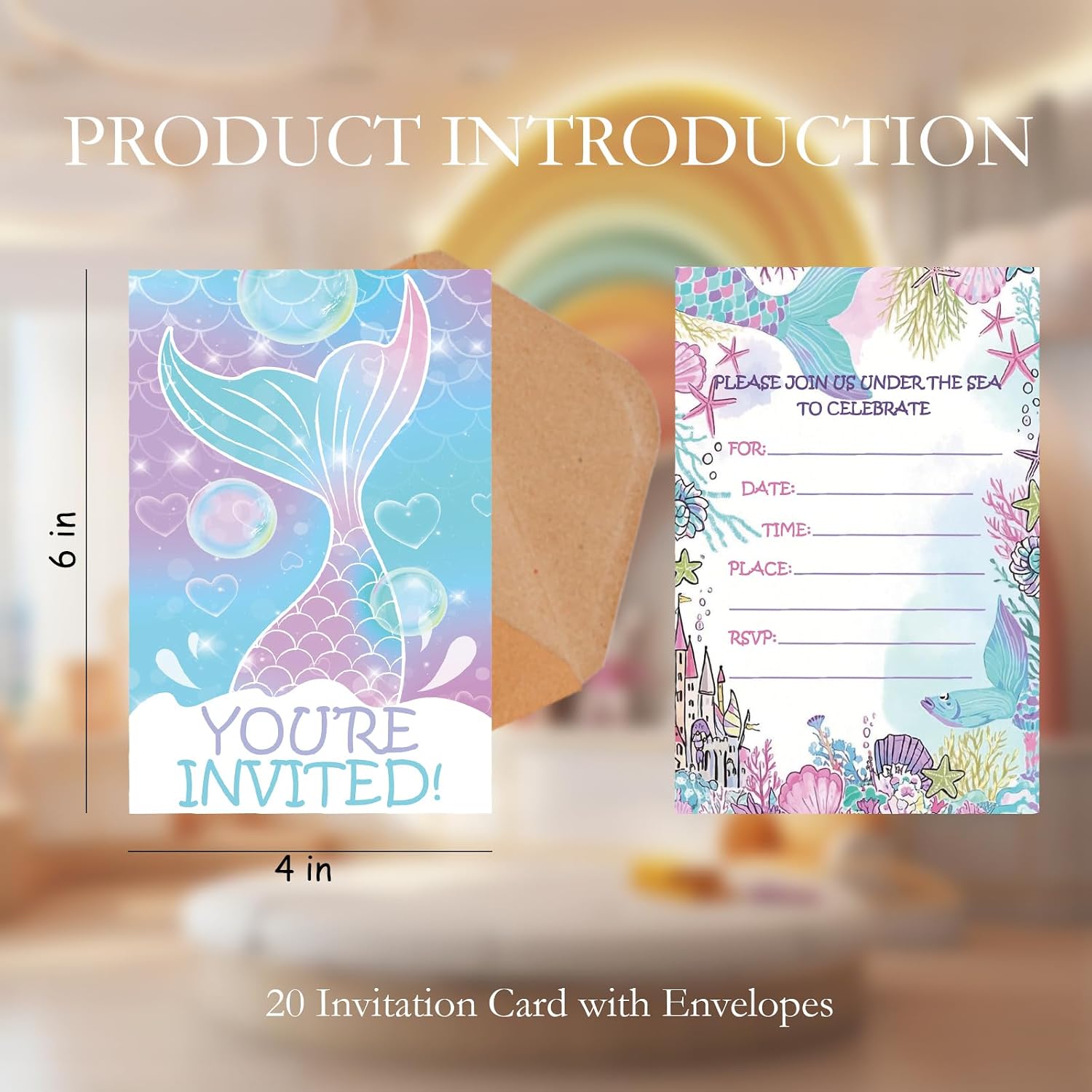 Watercolor Mermaid Birthday Invitations Girl Party Invites with Envelopes | 20 pcs 4X6in Ocean Under the Sea Theme Double-Sided Birthday Party Invitations for Boys Girls Pool Party Supplies for Kids