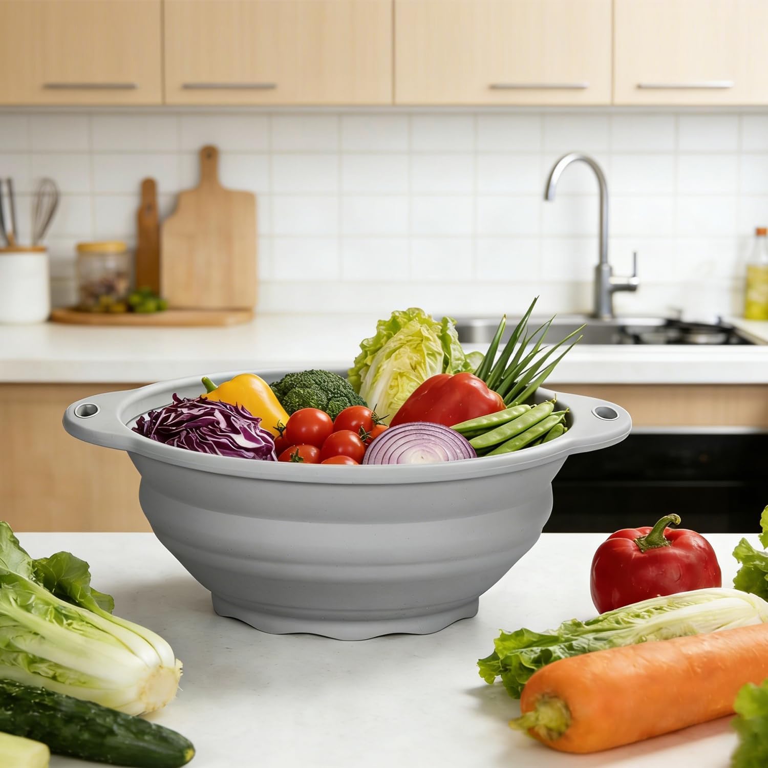 Collapsible Silicone Bowl Large Capacity 2600ml(88floz) - BPA Free, Heat Resistant(-40°F to 400°F), Non-Slip for Family Meals Soup Bowls, Camping & RV Kitchen(Grey)