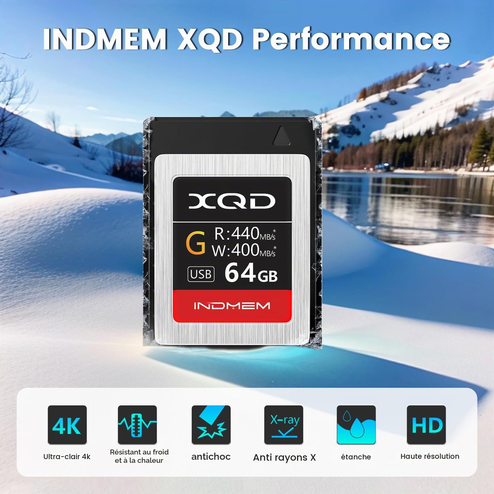 INDMEM Carte mémoire XQD 64 Go MLC XQD 5X High Speed G Series (lecture 440 Mo/s et écriture 400 Mo/s)