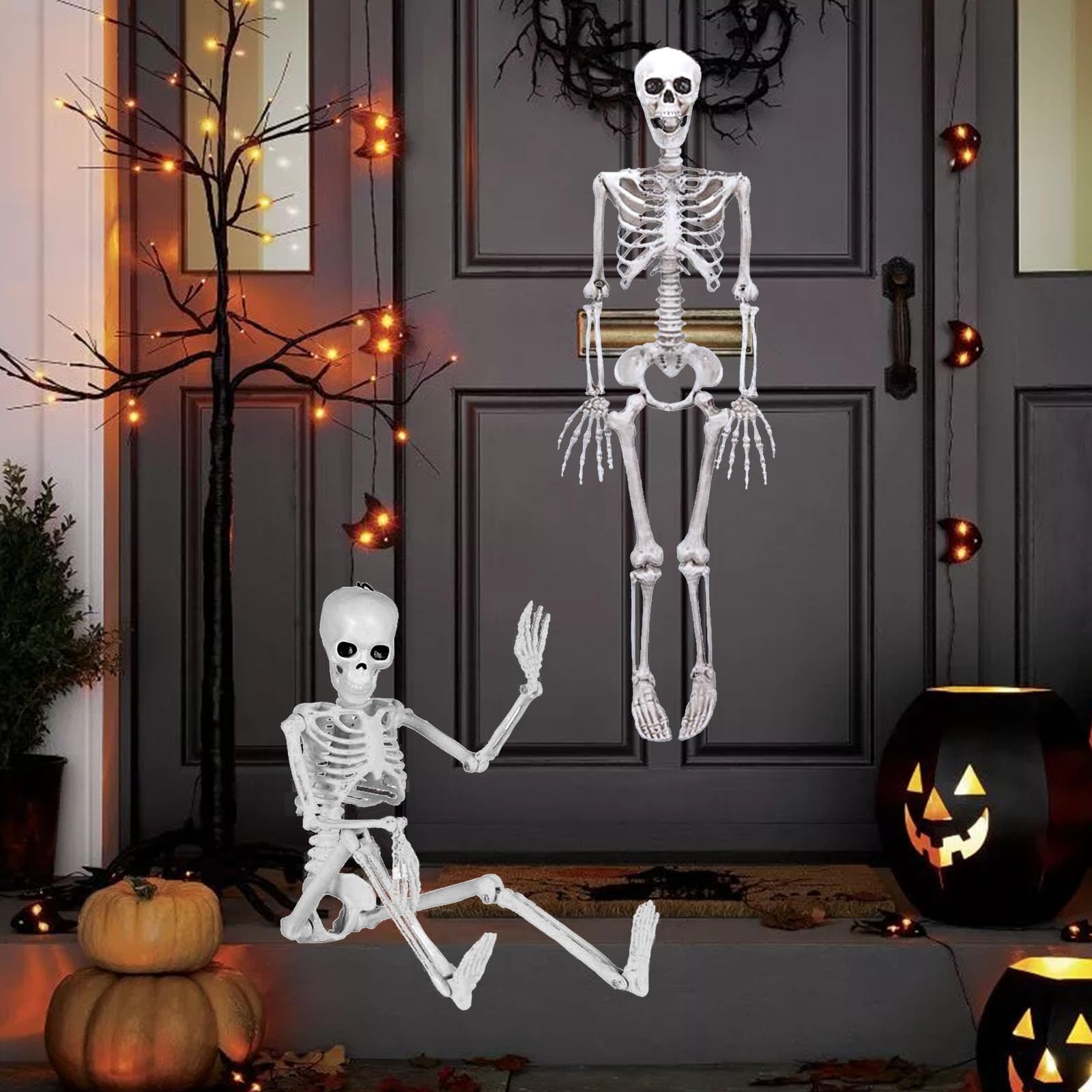 Decorazione di Halloween, scheletro posabile, a grandezza naturale, 165 cm, ossa di cimitero, scheletro in plastica per interni ed esterni, decorazioni di Halloween, case infestate spaventose