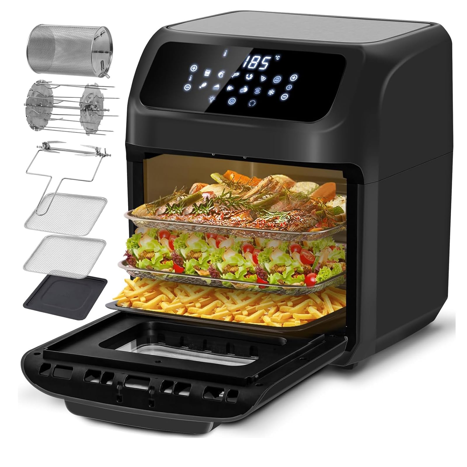 LLIVEKIT 12L Heißluftfritteuse, Heißluftbackofen mit Drehspieß, Mini Backofen mit Umluft 1800W, 7 Zubehörteile, 12-in-1 Air Fryer, Warmhaltefunktion, spülmaschinenfest, PFOA-frei