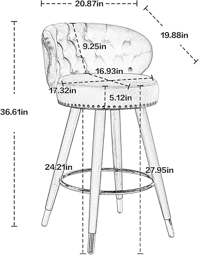 Miniatura 10 de Juego de 2 taburetes de bar, cojín grueso de terciopelo, con ribete de anillo y botón giratorio trasero, con una altura fija de 360 grados, Negro