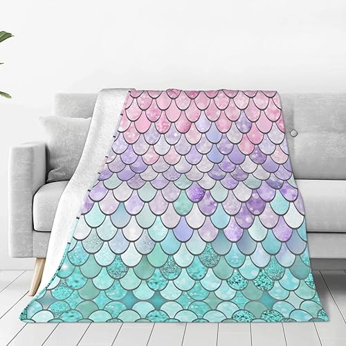 Mermaid Pastel Pink Purple Aqua Teal Printed Flannel Blanket Super Soft and Fluffy Plush Blanket Suitable for All Seasons