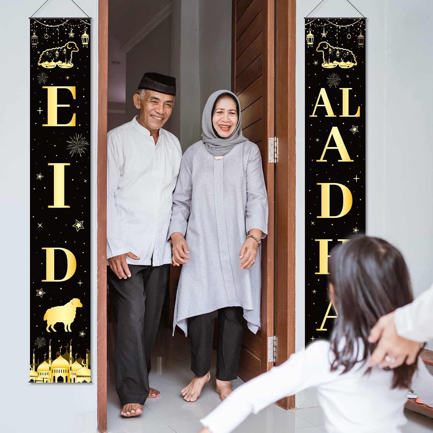 ZOIIWA Eid Al-Adha Mubarak Porch Sign Set - Multi Color Star Mosque Islamic Eid Ramadan Mubarak Party Banner - 70.87" x 11.81" Rectangular Polyester Banner with Rope Mount