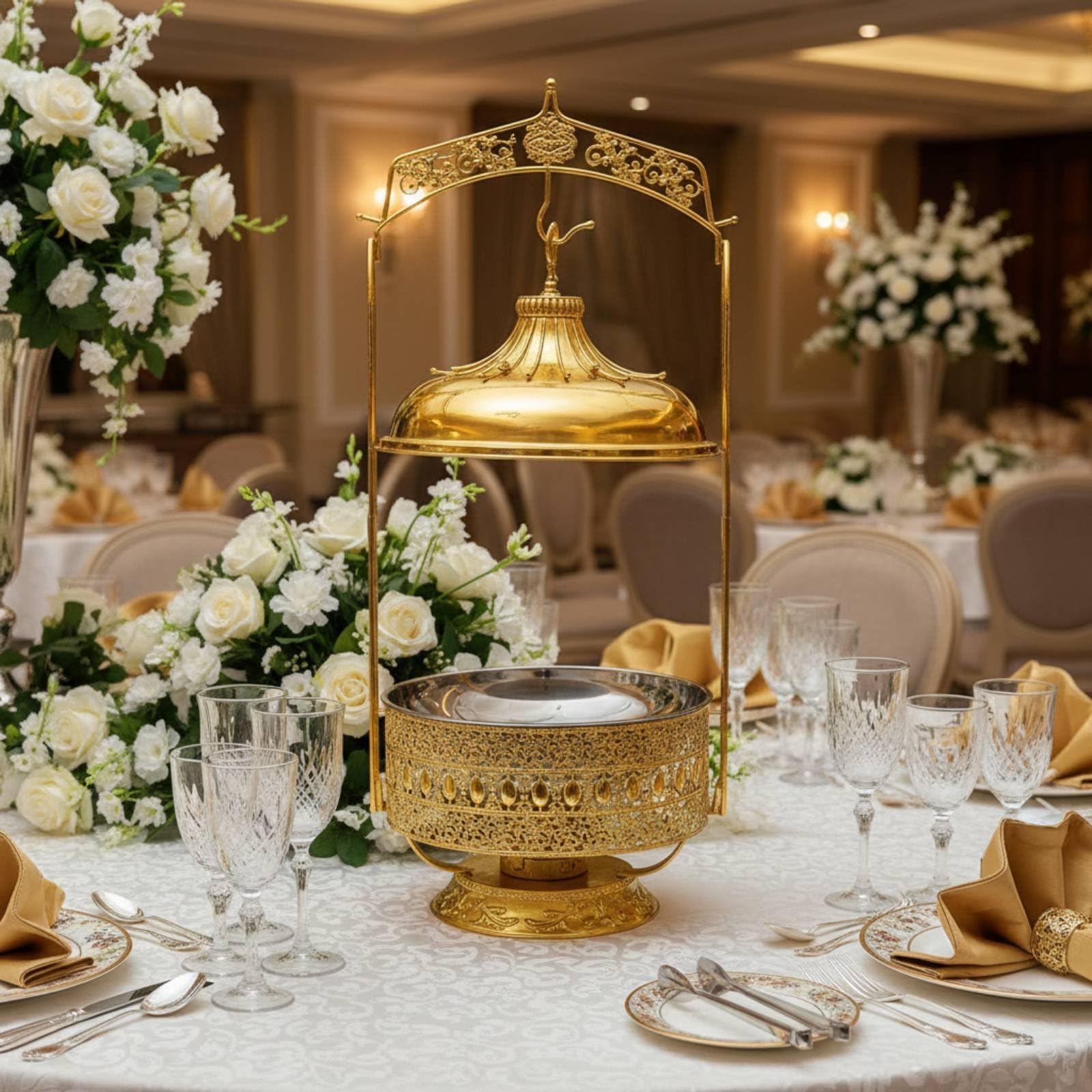 Qianly Chafing Dish Buffet Scalda Buffet Vassoio Servizio Riscaldatore Pietanze in Acciaio Inossidabile Finitura Oro Capacità 8L Adatto per Catering Eventi, 8L, Coperchio Combinato In Vetro Piccolo