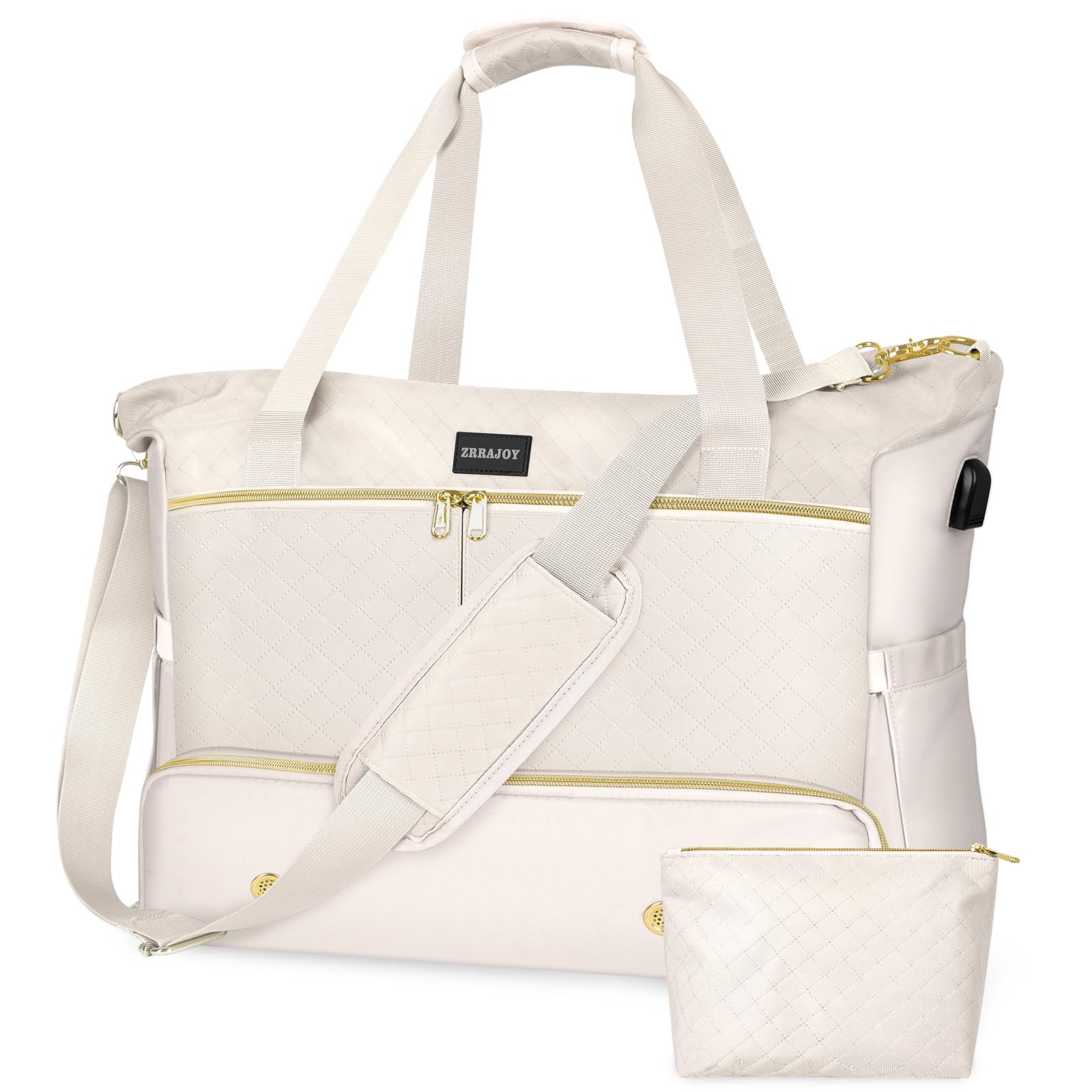 ZRRAJOY Weekender Overnight Bag for Women, Large Travel Duffel with Shoe Compartment, Wet Pocket, USB Charging Port, Carry-On Gym Tote Bag (Beige)
