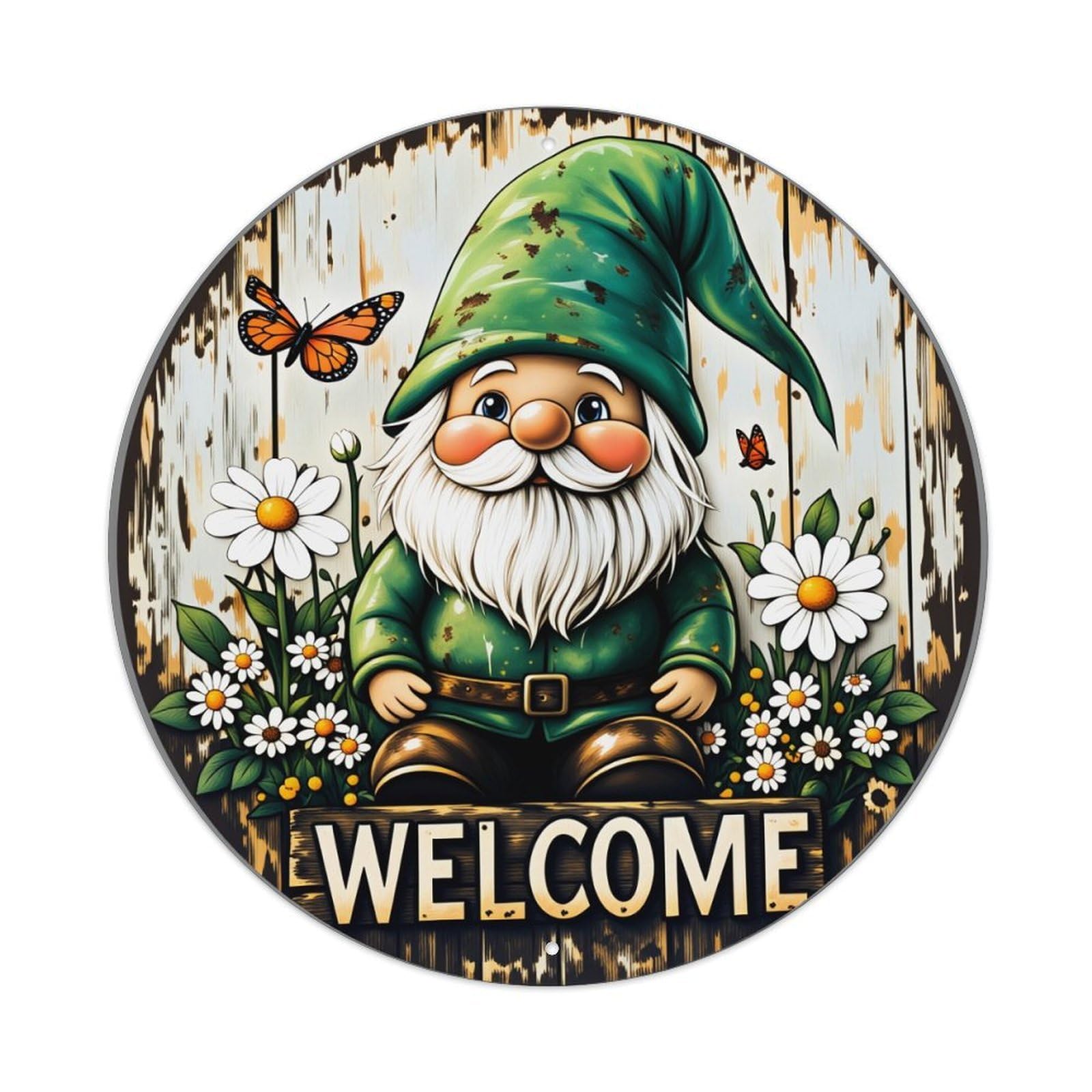 Garden Gnome Welcome Sign Round Tin Sign Vintage Style Metal Sign Home Bar Garden Wall Plaque Decor Metal Poster 8x8 Inch