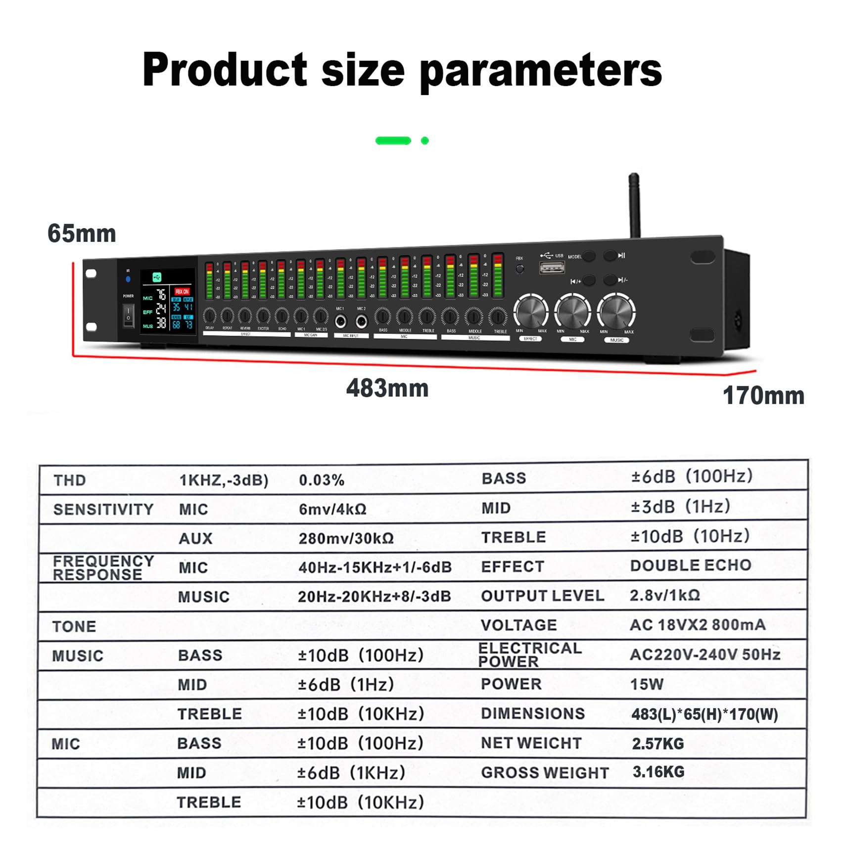 HFDJRWK Equalizzatore Digitale Ktv, Processore di Effetti Preamplificatore Digitale con Schermo LCD, Adatto for Sistemi di Riverbero Domestici e Karaoke