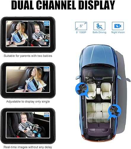 Miniatura 5 de Cámara de coche para bebé, doble canal de 5 pulgadas, 1080P, monitor infantil con 2 cámaras de visión nocturna IR y ángulo de visión amplio de 150