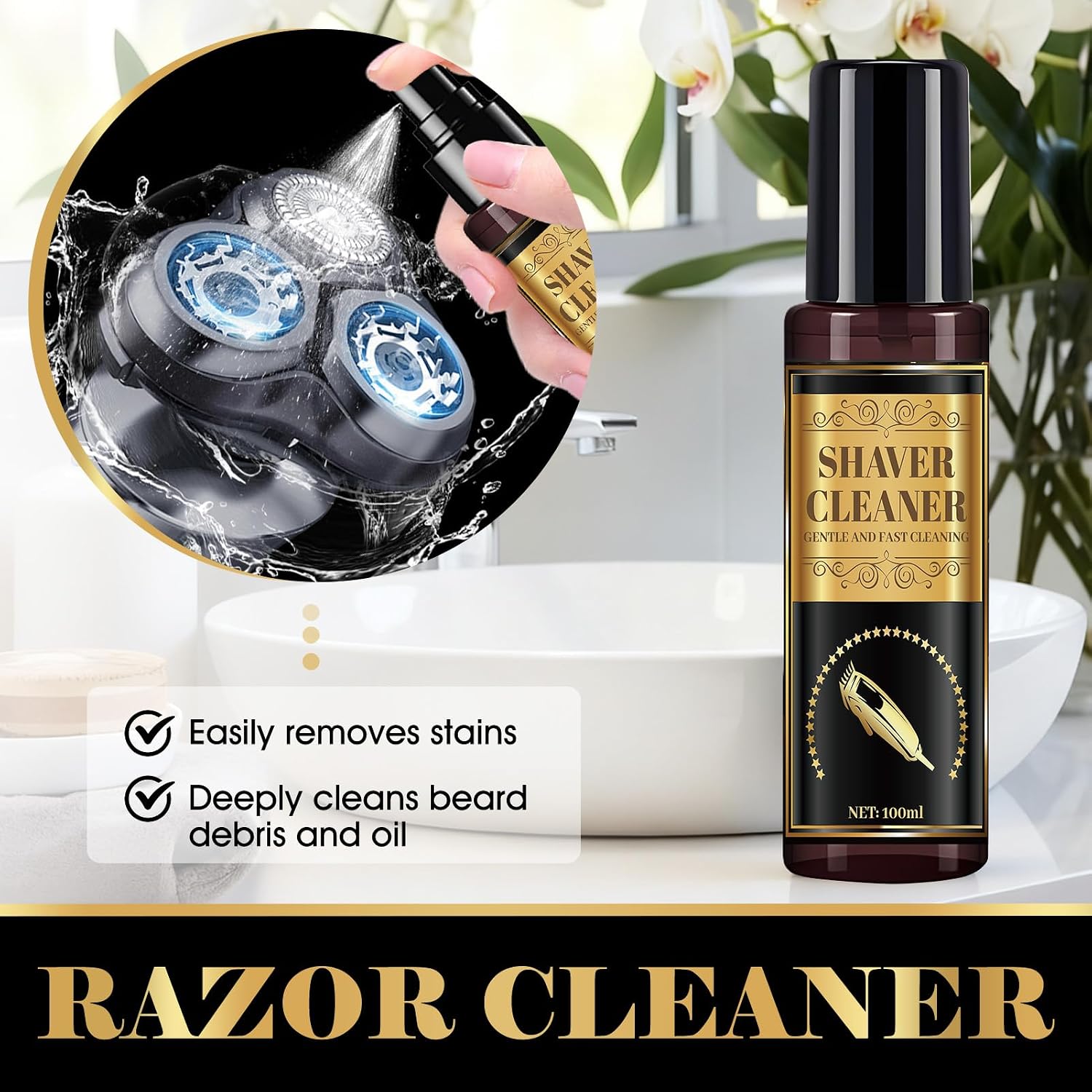 Razor Cleaner and Electric Shaver Oil, Shaver Cleaning Solution Clipper Oil and Cleaner 2-In-1 Kit with Clean Brushes Deep Cleaning and Lubrication Extends Razor Life Works