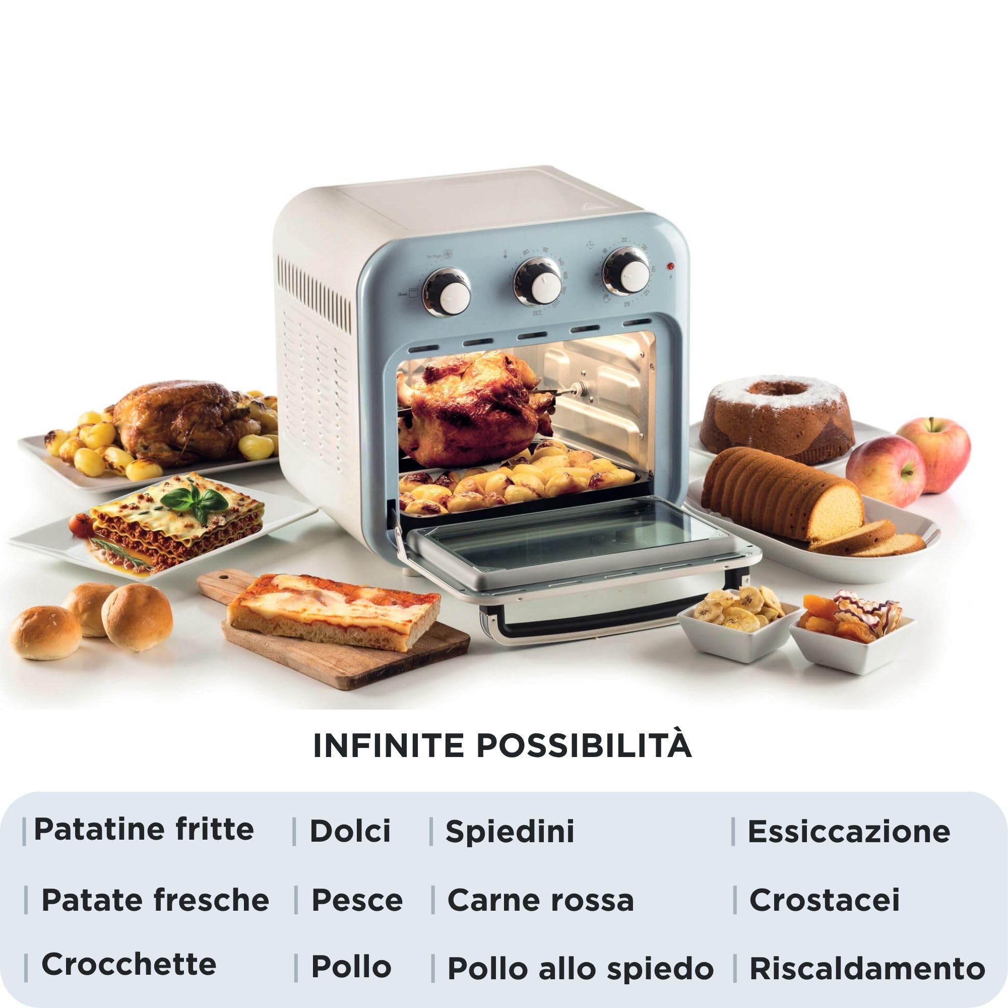 Ariete 4632 - Freidora de aire y horno (1400 W, 2 en 1, capacidad 16L, accesorios incluidos, temporizador de 60 minutos, doble cristal, azul claro