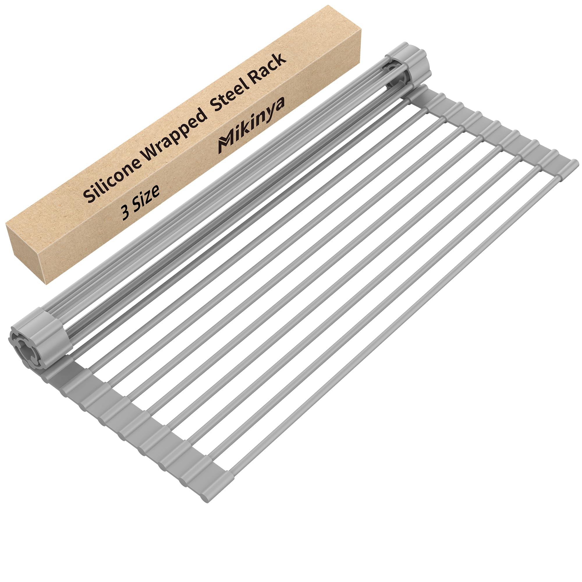 Mikinya Over The Sink Roll-Up Dish Drying Rack, All Silicone Protection, Multipurpose Foldable Dish Drainer, Stainless Steel Kitchen Drainer Organizer, Storage Space Saver (17.5''x15.5'')