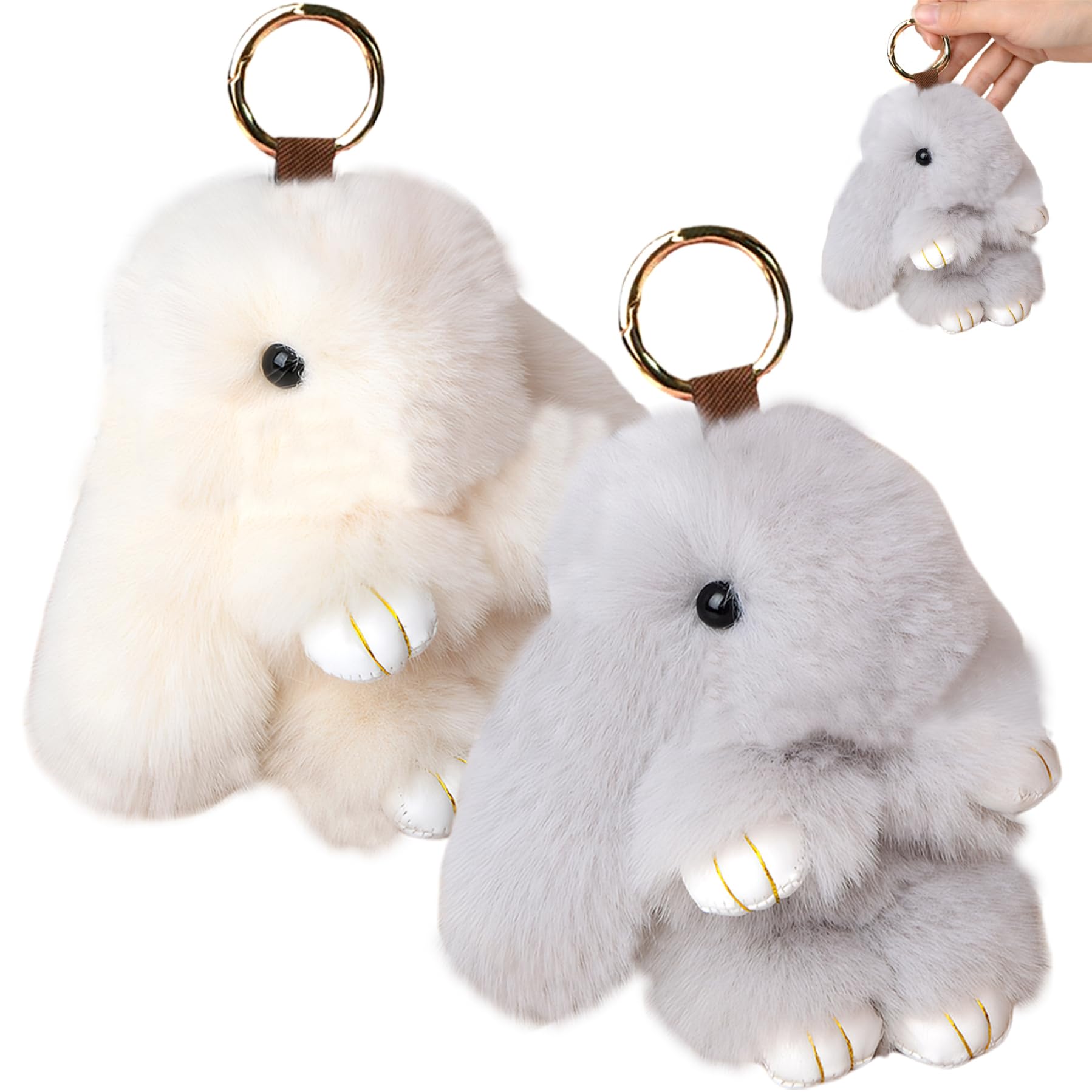 Cakeeyum Beige + Light Grey Bunny Keychain 2Pcs 6In Furry Rabbit Keychain Artificial Hanging Plush Decorative Fluffy For Backpack, Car Key, Hand Bag And More, Geige + Light Grey