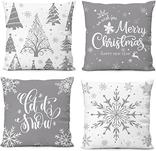 KEIROUTK Christmas Cushion Covers Grey White Cushions Cushion Covers 45 X 45 Set Of 4,Xmas Cushion Covers Christmas Stag Snowflake Cushion Covers