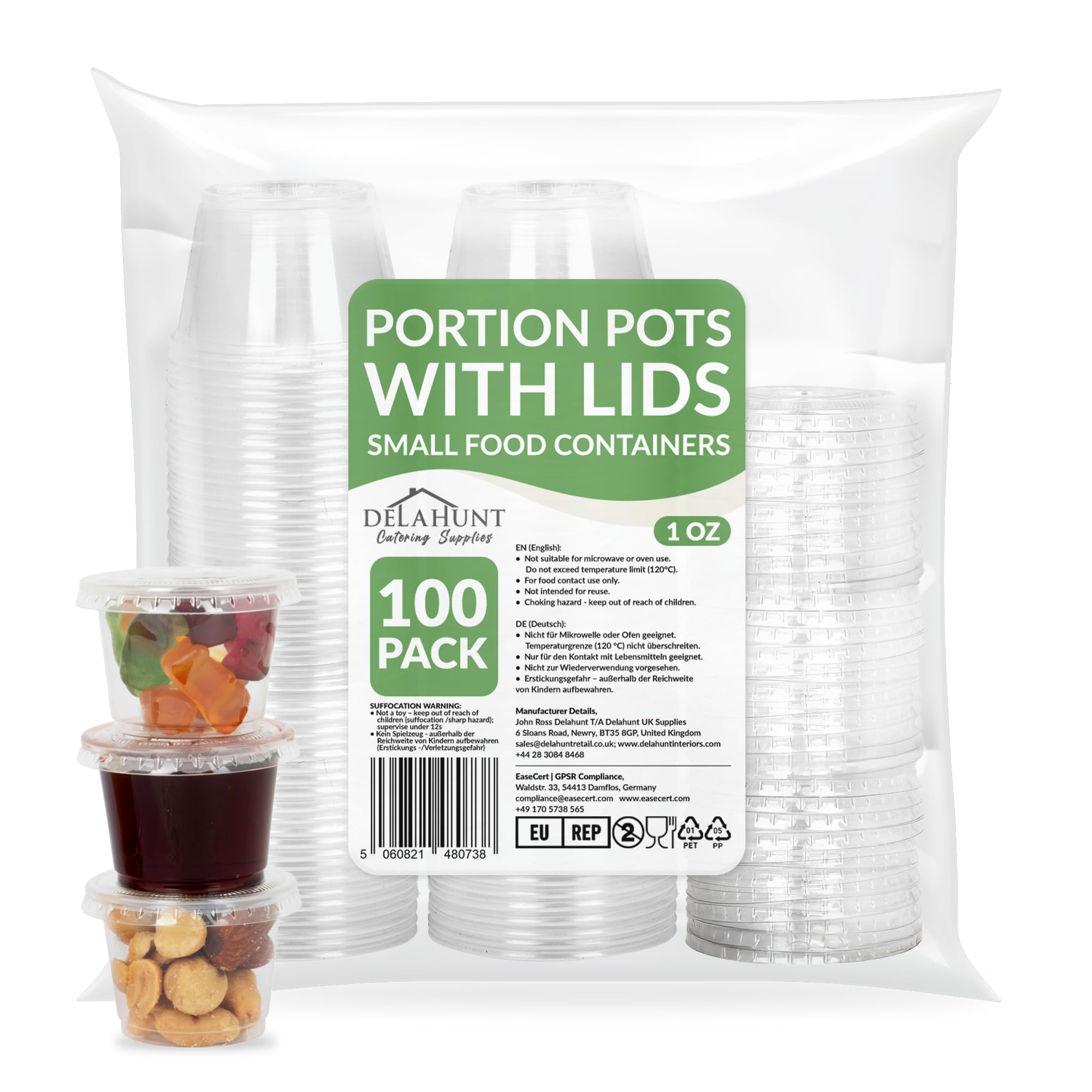 1oz (30ml) Small Disposable Plastic Portion Pots with Lids [100 Pack] - Clear Round Leakproof Deli Pot Containers for Sauce, Dips, Jelly Shots, Jello, Salad Dressing, Snack, Meal Prep & Takeaway Use