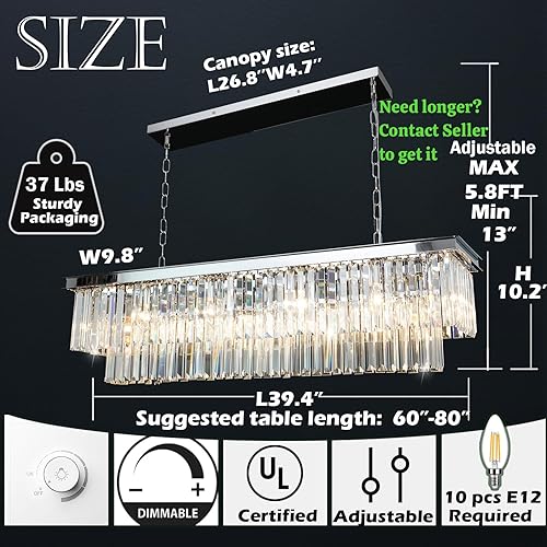 Miniatura 4 de Lámpara de araña de cristal cromado L39 '' rectangular moderna lámpara de comedor lámpara rectangular colgante de techo para isla de cocina sobre