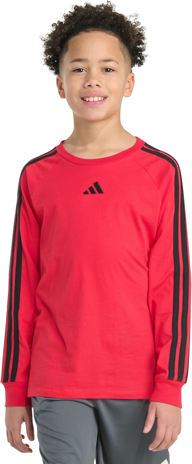 Adidas Boys Long Sleeve Small Embroidered Logo 3-Stripe Tee