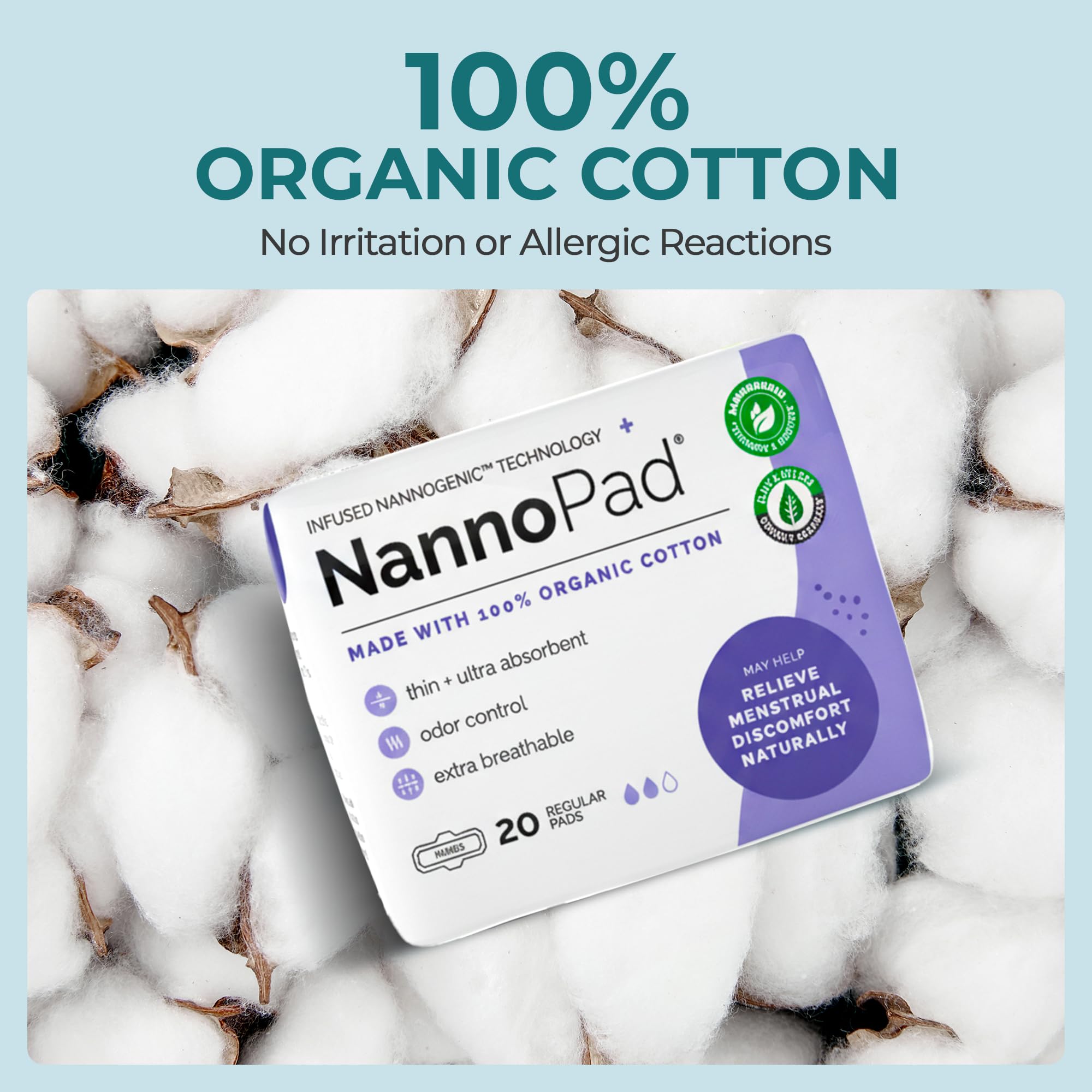 Regular Pads for Women - Nannocare Certified Organic Cotton Pads - Discomfort Reducing Pads with Wings - Feminine Hygiene Products - 20 Sanitary Pads (1 Pack)