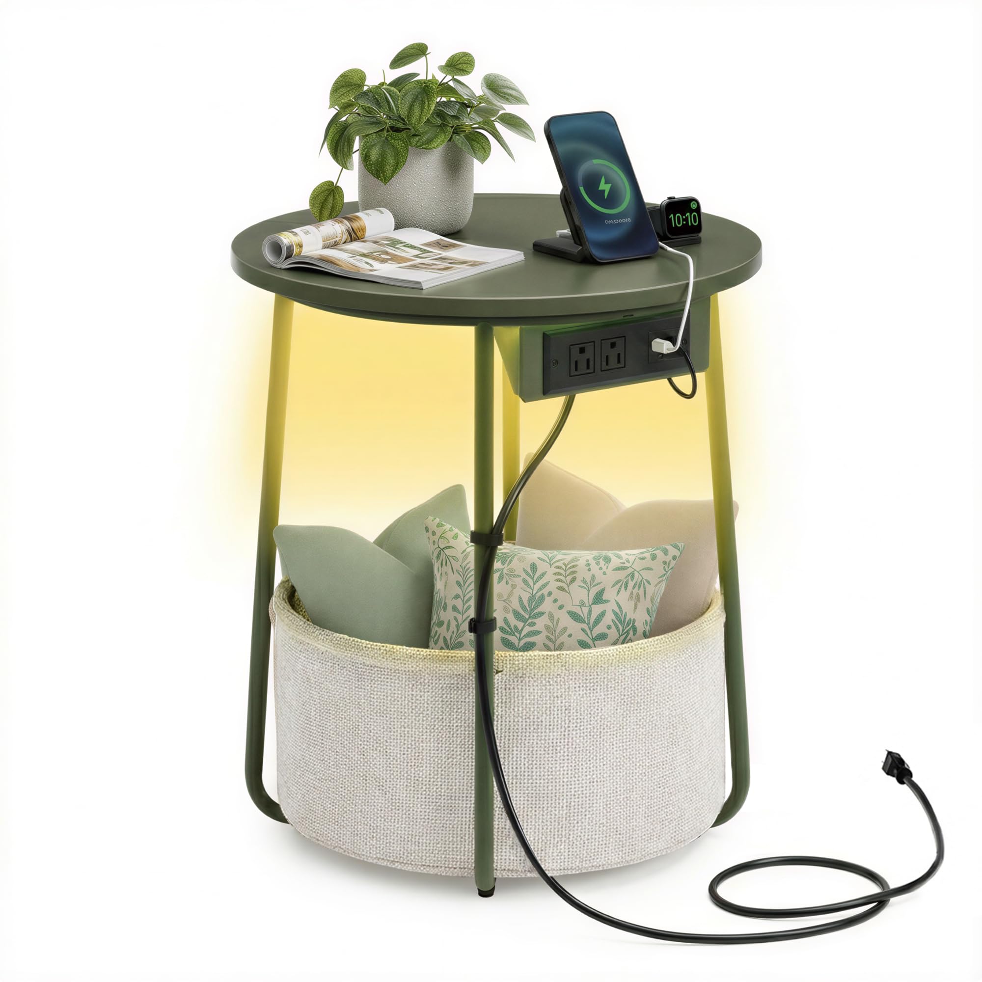 vasagle lilea collection - side table with charging station, round end table with fabric basket, led nightstand with usb ports, modern, for living room, forest green and cream white ulet227c01