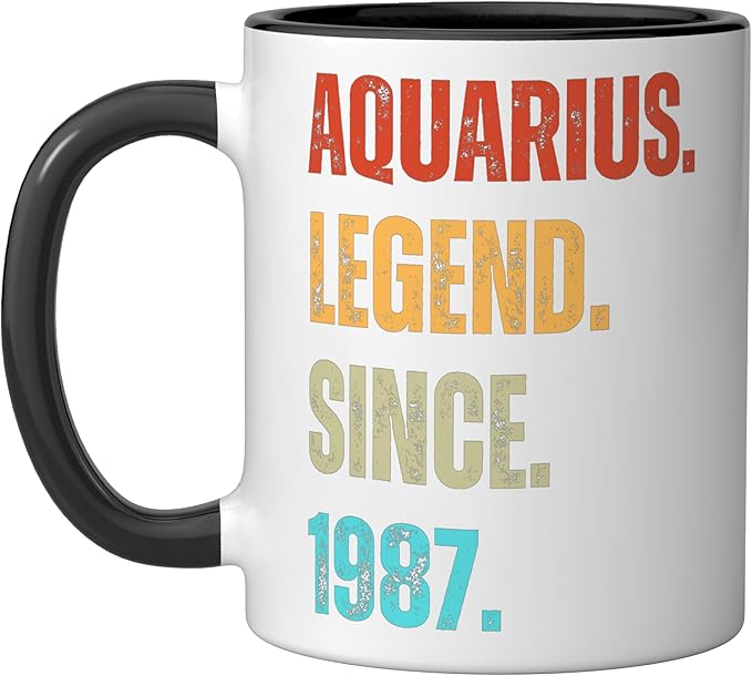 Aquarius Legend Since 1987 Retro Zodiac Sign Birthday Ceramic Mug, Black/White
