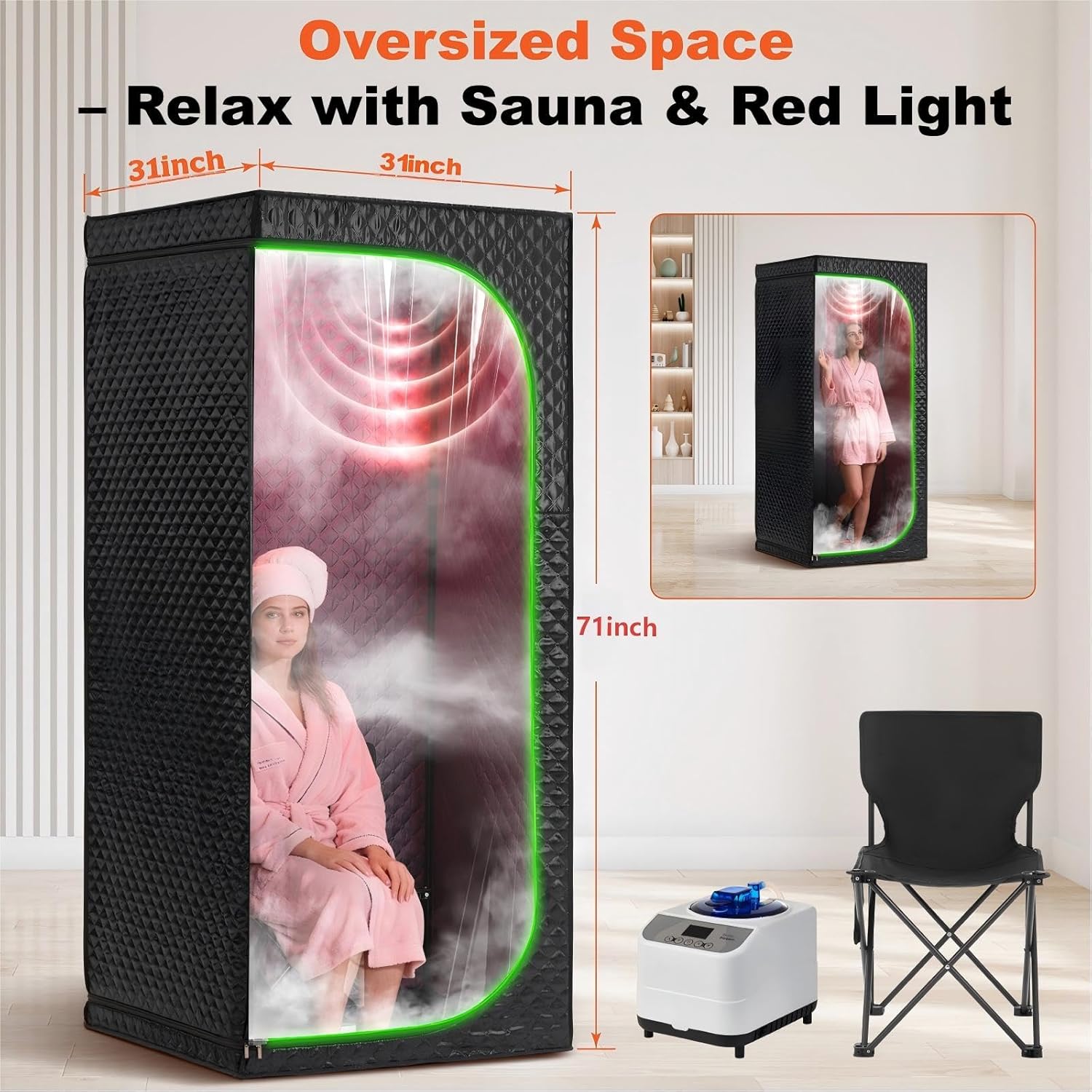 Portable Steam Sauna Tent for Home, Infrared Sauna, Tent with Clear View Door and Red Light, Black, Full Size Square Sauna for Home, 3L Steamer, 9 Heat Levels
