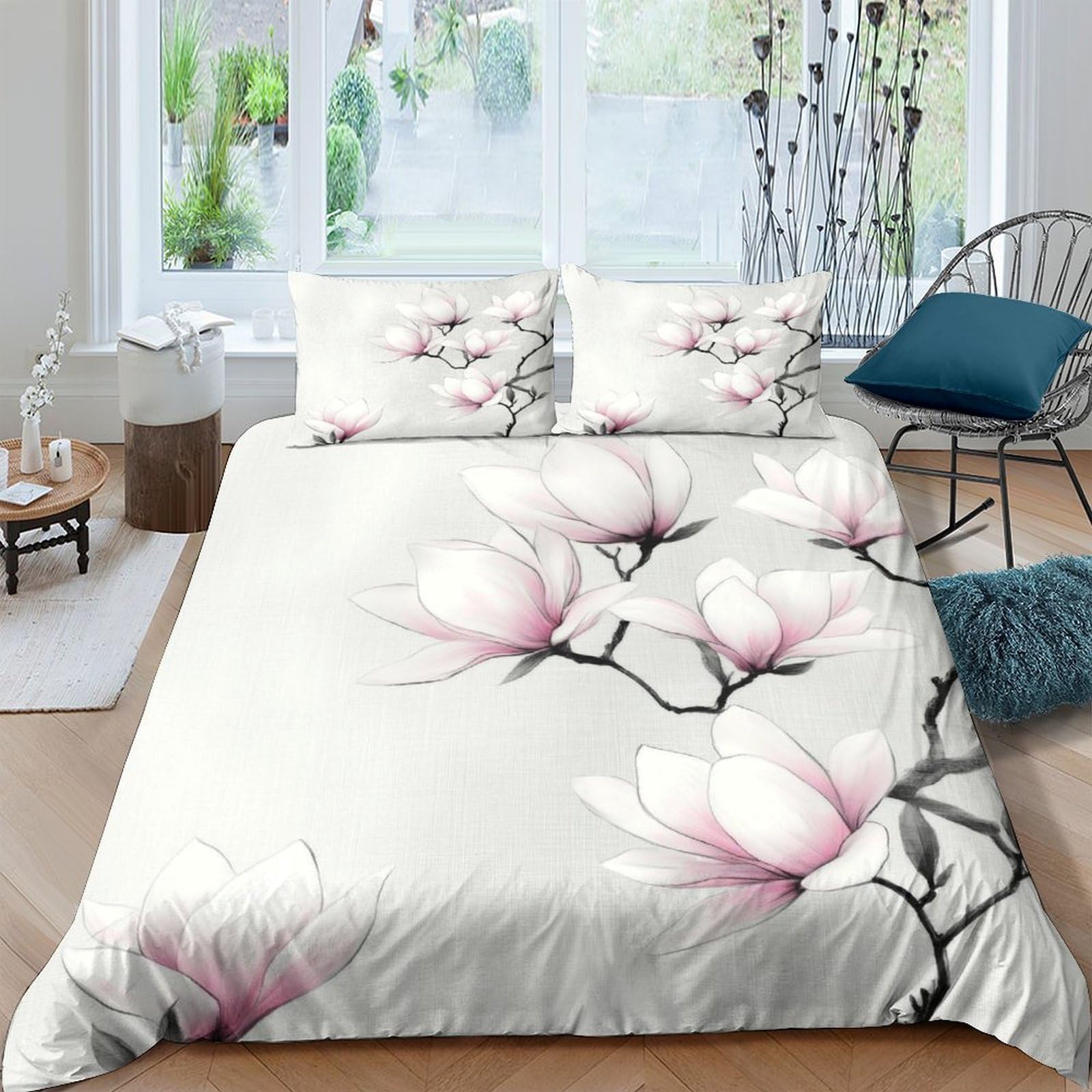 Ctjqhvkz Style-2 3D Printed Magnolia Blossom Fitted Sheet Microfiber Soft Bedroom Art Decor Pink Branch Mattress Cover Machine Washable Single（135X200cm）