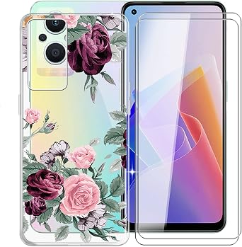 Phone Case for Oppo F21 Pro 5G 6.43", with [2 x Tempered Glass Screen Protector], Anti-Scratch Shock-proof Clear Soft TPU Bumper Ultra-Thin Case for Oppo F21 Pro 5G - Rose Flower