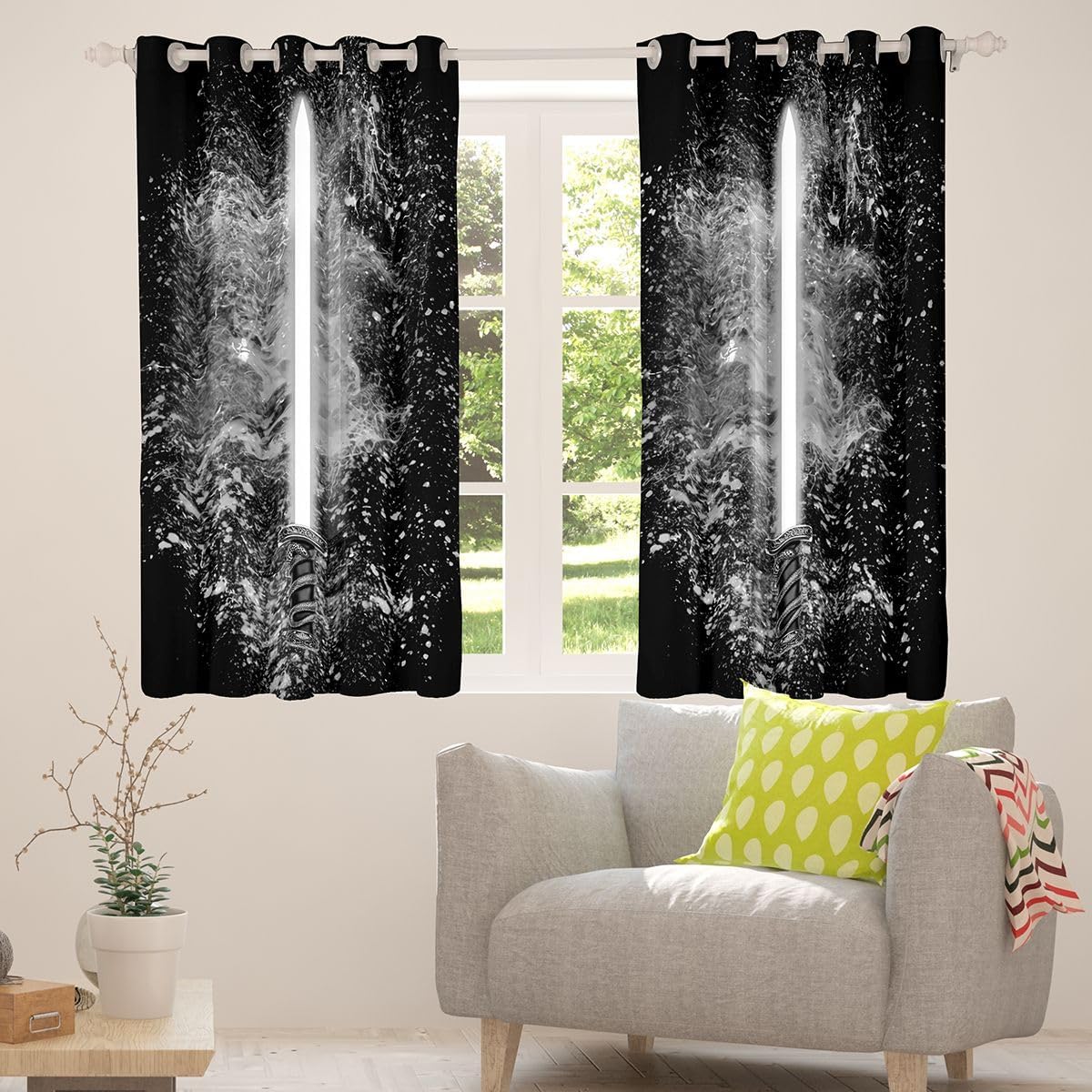Feelyou Lightsaber Curtains 42W X 63L Inch for Kids Boys Teens Grey Black 2 Panels Window Curtains Bedroom Home Decor Tie Dye Rod Pocket Thermal Insulated Window Treatment Drapes Room Decoration