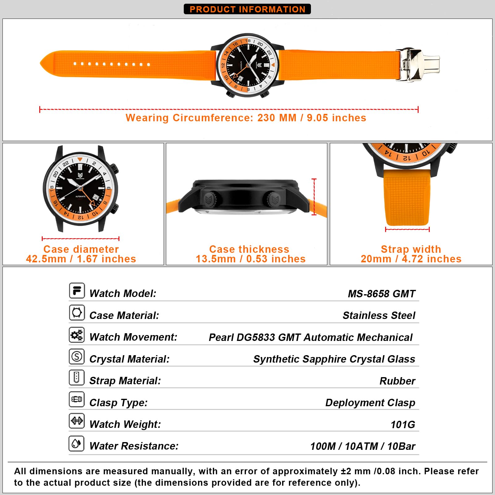 GMT Herrenuhr Automatikuhr GMT Dual-Zeitzone Armbanduhren Mechanische Uhren 42MM Edelstahl 100M Wasserdicht