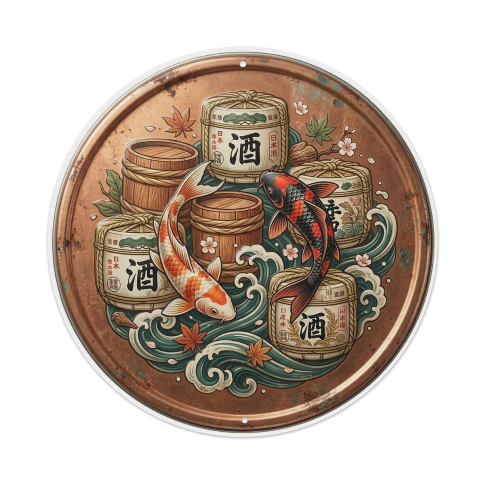 Sake Barrel Cellar Koi Fish Metal Tin Sign Plaque Wall Decor for Cafe, Club Bar, Office, Home Garden Round Metal Poster 8x8Inch