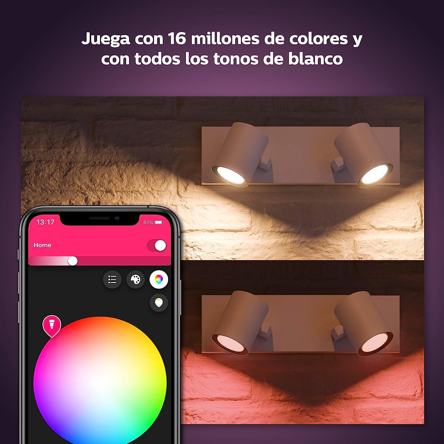 Philips Hue - Lámpara LED inteligente Philips Hue Argenta, 5.7W-350 lúmens, Luz Blanca y de Colores, Compatible con Alexa y Google Home, 2 Focos LED, Blanco