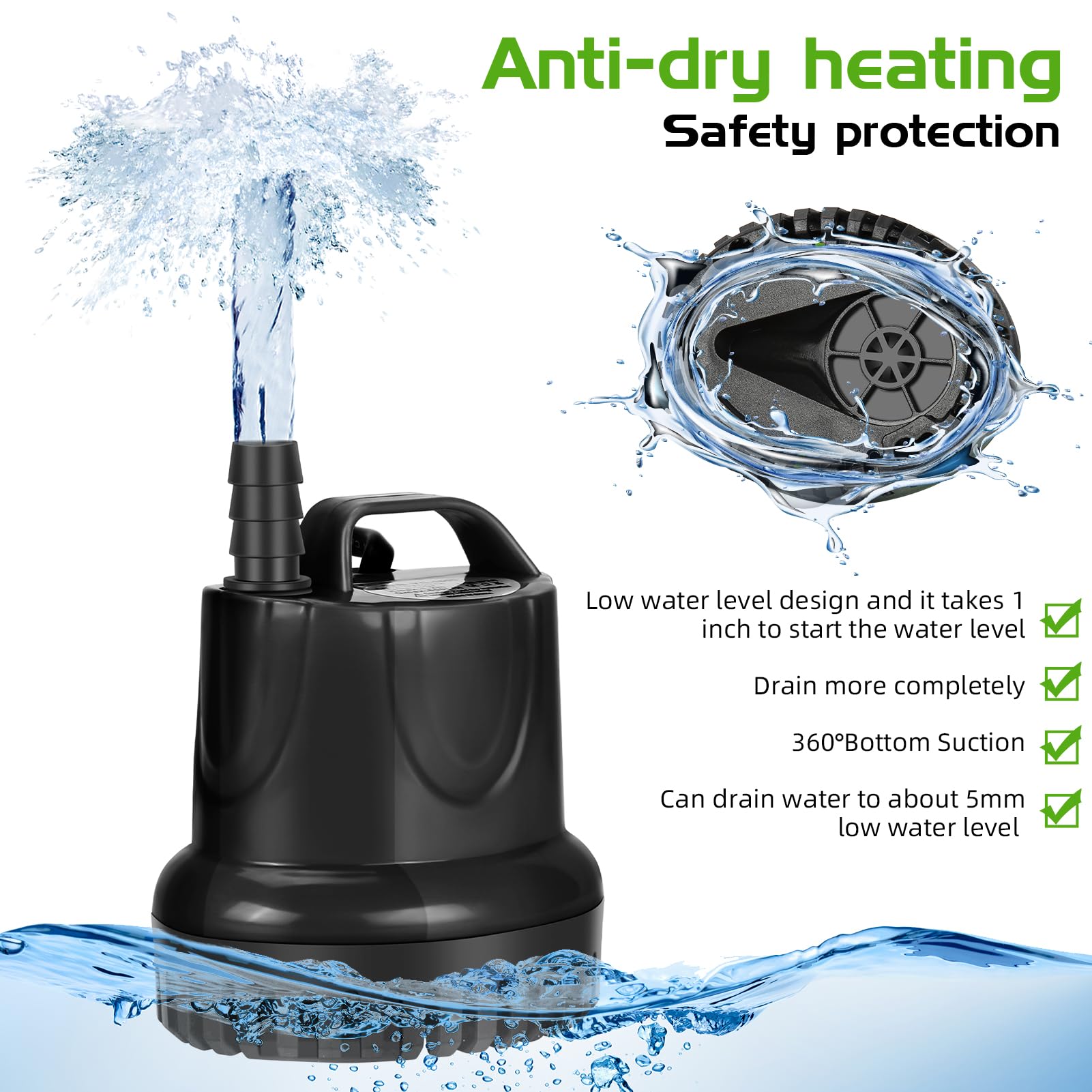 Pompa ad acqua sommergibile da 25 W, Pompe sommergibili ad alto flusso da 1200 l/h, Protezione dalla combustione a secco con design ultra silenzioso, per fontane, acquari, stagni, acquari