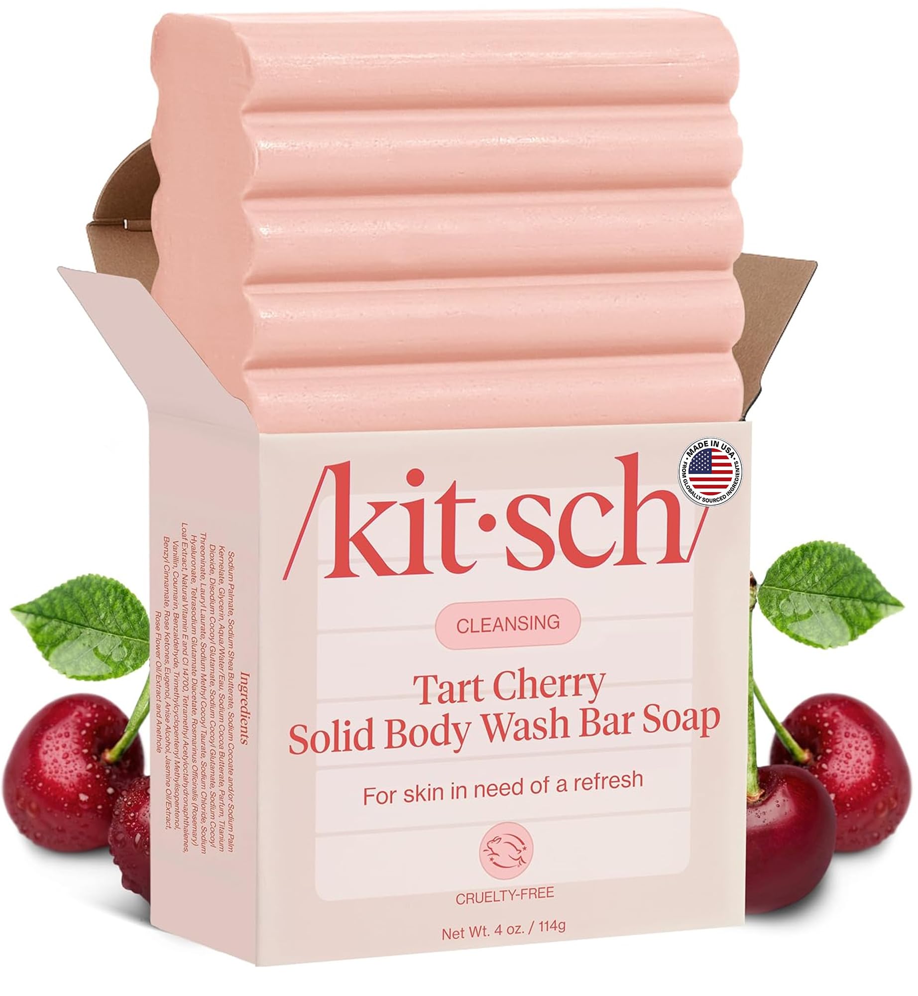 Kitsch 상쾌한 향이 나는 클렌징 타르트 체리 비누 바 - 친환경 바디 워시 여성 사랑 - 매일 사용할 수 있는 체리 솔리드 바 비누 - 실리콘, 황산염 및 파라벤 프리, 미국 제조 - 118.3ml(4온스)