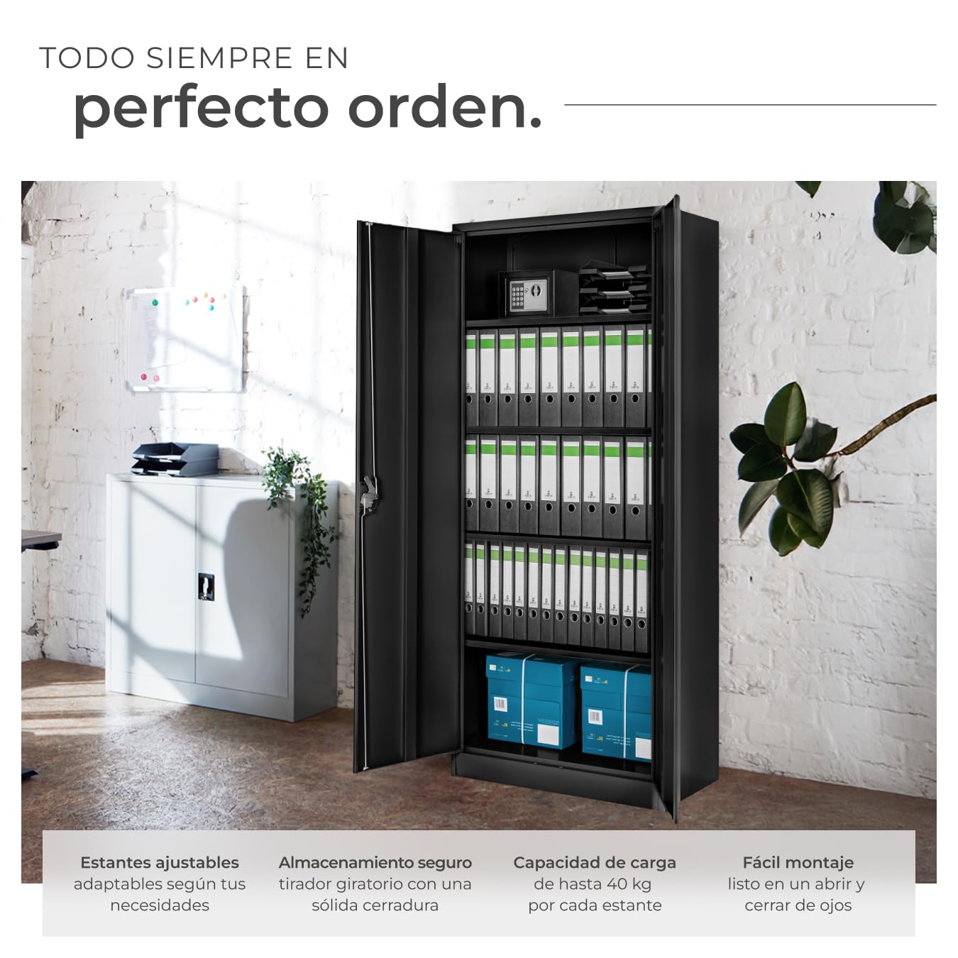 tectake® Armario Archivador Oficina en Acero 180x90x40 cm, Armario Exterior e Interior con Cerradura, Armario Multiusos con 2 Puertas, 4 Estantes Ajustables y 5 Alturas, Fácil Montaje - Negro