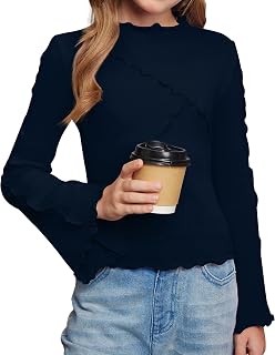 BesserBay Girls Long Bell Sleeve Top Mock Neck Ribbed Knit Shirts 6-14Years | Teen Girls Fall Blouse Ribbed Knit Slim Sweatshirt Y2k Lettuce Trim Inspired Casual Korean Style Tees