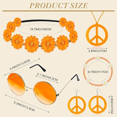 Miniatura 2 de Batiyeer Juego de 6 accesorios de disfraz hippie bohemio, símbolo de la paz, margarita, flor de los años 60 y 70, decoración para fiestas geniales