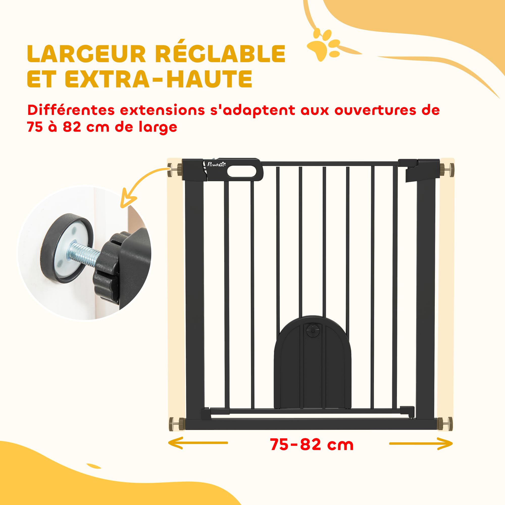 PawHut Barrière de sécurité Animaux de 76H cm barrière Chien Chat avec Porte Fermeture Automatique système de Double Verrouillage Fixation par Pression de 75 à 82 cm Acier et ABS Noir