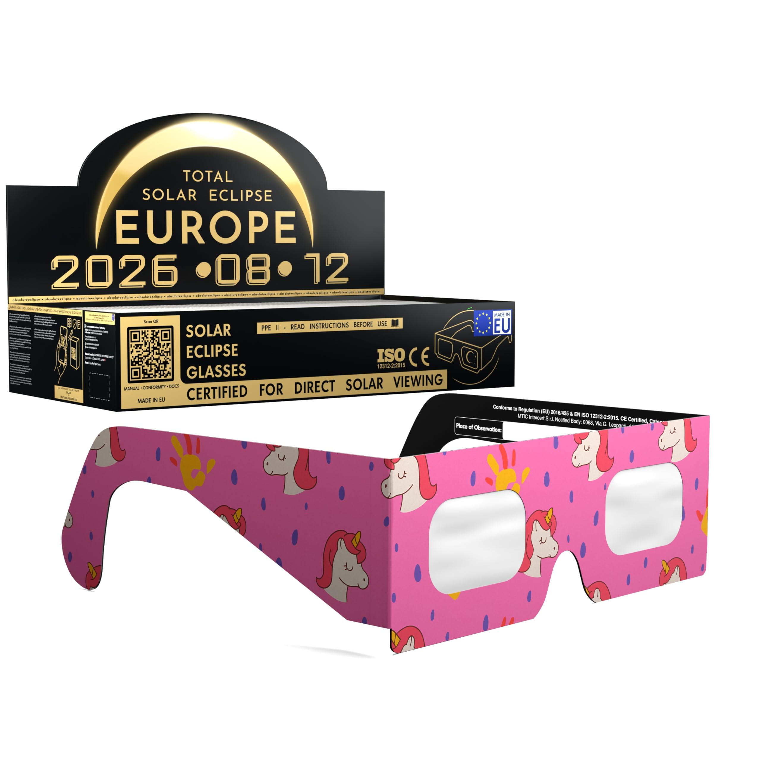 Solar Eclipse Glasses ISO 12312-2 CE Certified | Safe Solar Viewing Glasses UK | Paper Cardboard Frame | Total Solar Eclipse August 2026 | Made in EU | 100 Pack | Unicorns