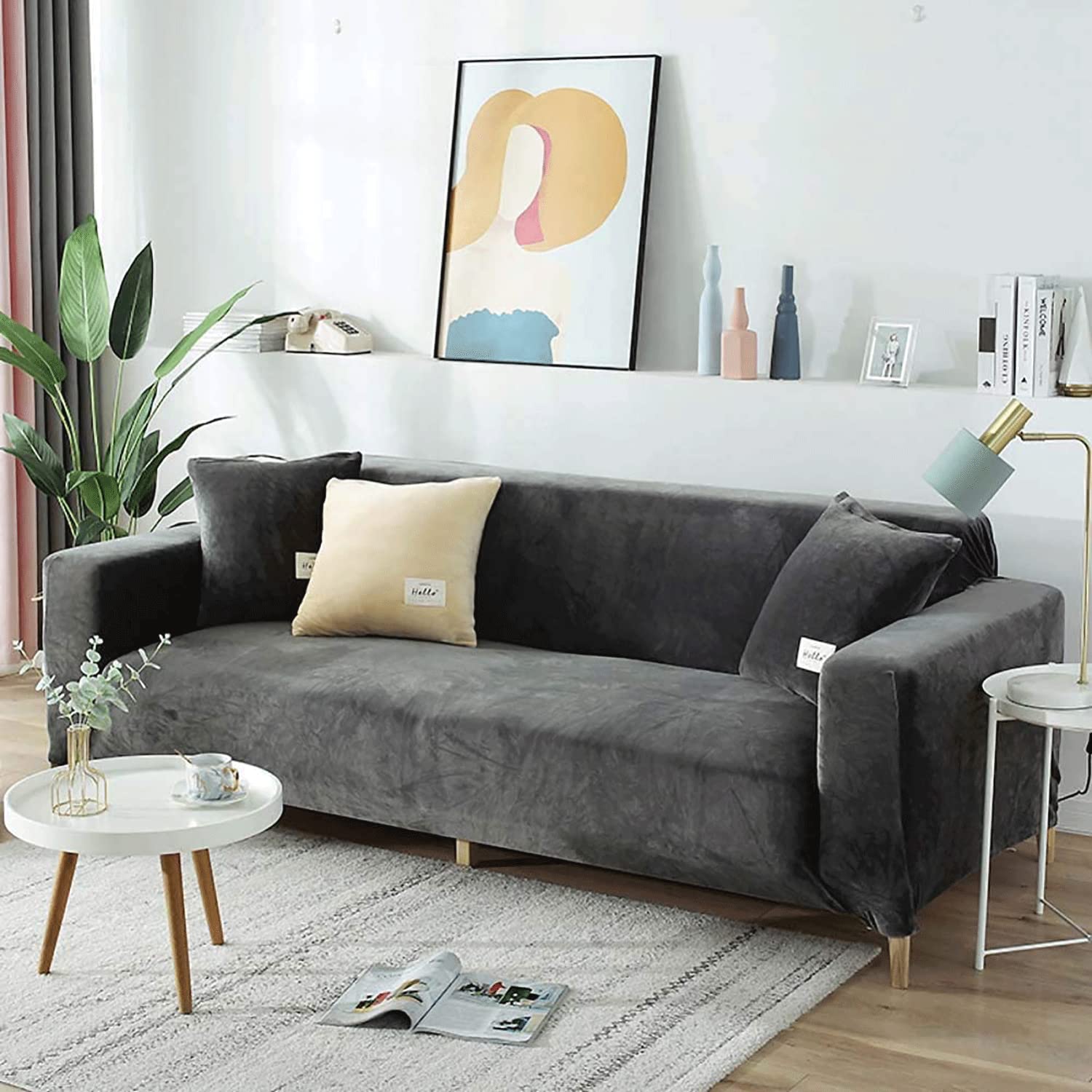 MGEMJMJ L Shaped Velvet Sofa Cover For 1 2 3 4 Seater,Stretch Corner Couch Covers Furniture Protector,Slipcover Cushion For Living Room(Size:1 seat (90-140cm),Color:E)