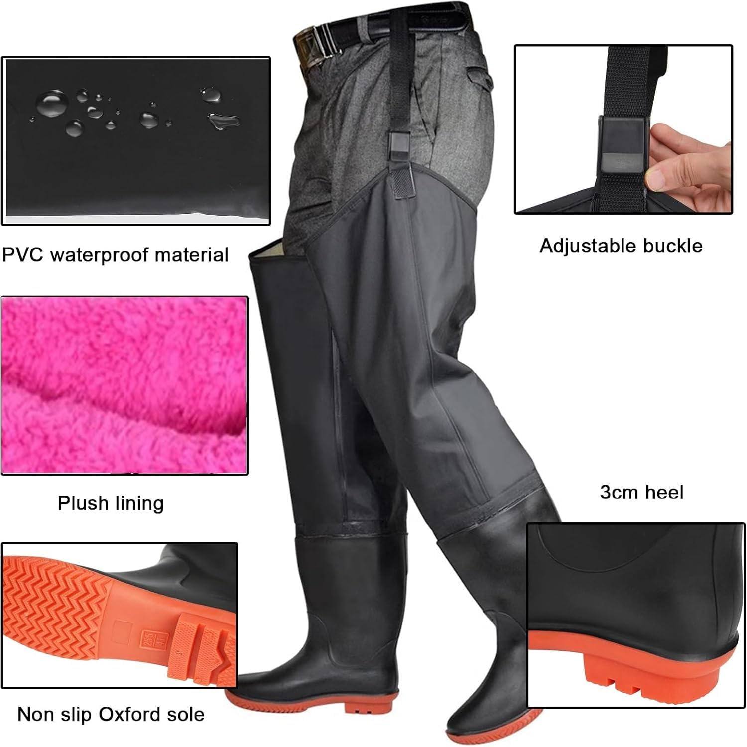 Wodoodporne i wytrzymałe Spodnie wędkarskie Spodnie hipsterskie z PVC z podeszwą Oxford. Buty myśliwskie o wysokości 80 cm z regulowaną klamrą blokującą(37 EU)