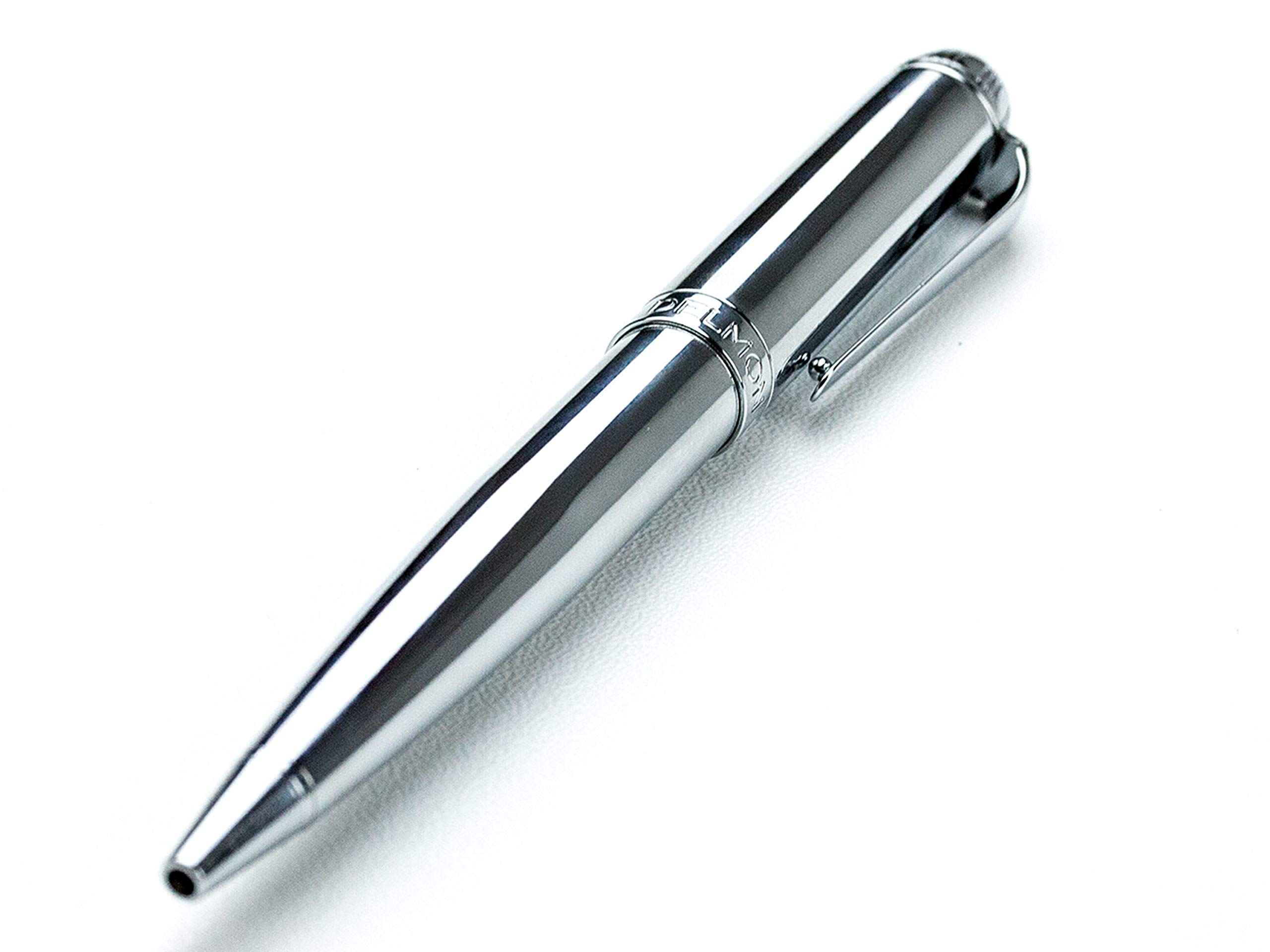 DELMON VARONE - Premium Drehkugelschreiber Silber nachfüllbar mit Blau schreibender Mine & Lederetui - Herren Metall Kugelschreiber edel, mit silberfarbener Oberfläche & Leder Etui mit Gravur