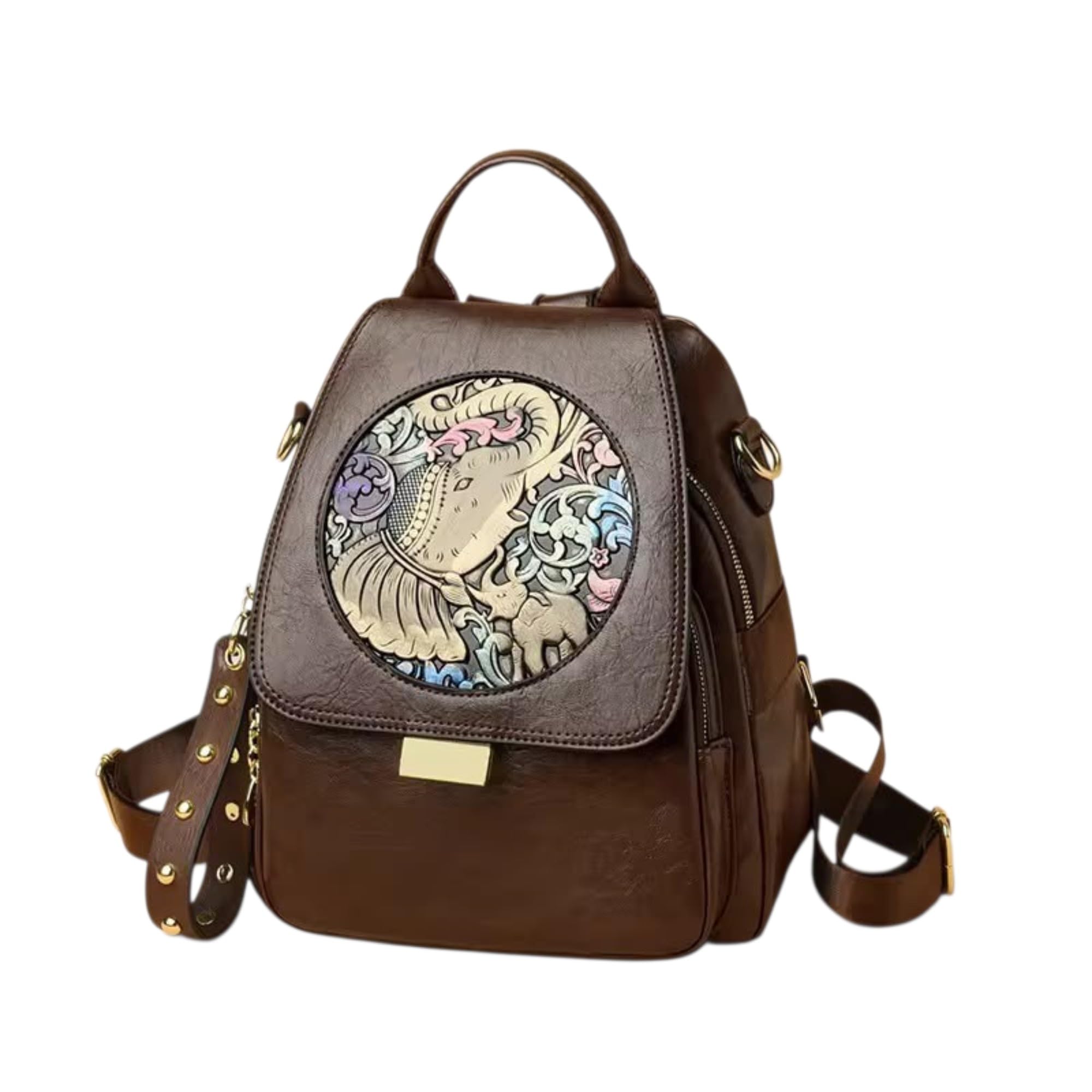 vintage elephant art women's vegan leather convertible backpack