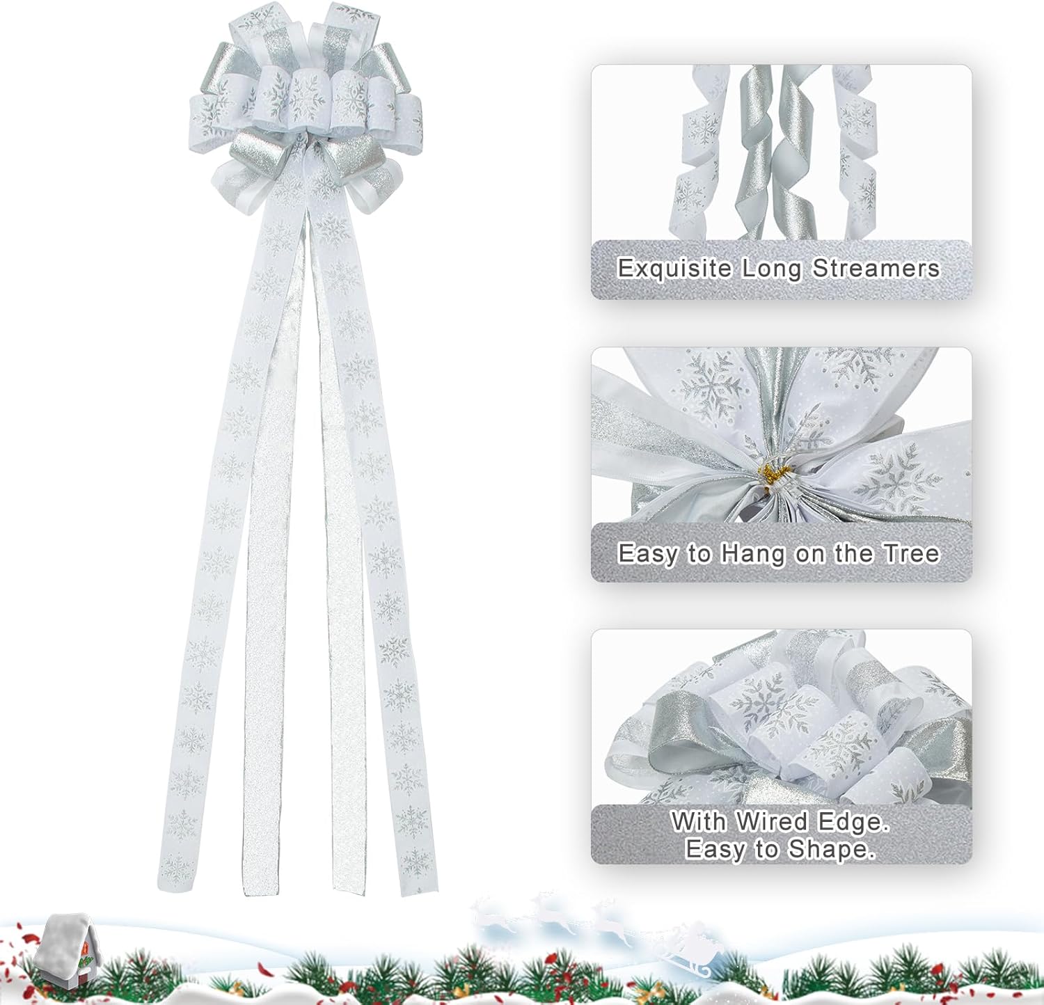 Christmas Tree Topper Bow, 53"x 13" Large Handmade Decorative Bows with Glitter Snowflake Wired Ribbon Long Streamer for Home Christmas Decoration, White/Silver - Image 2