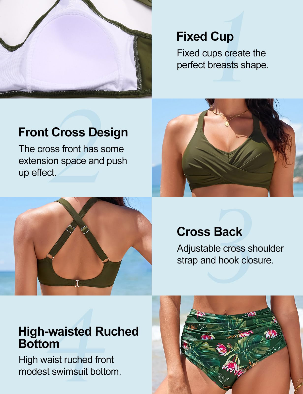 heekpek Conjunto Bikini Mujer Push Up Bañadores Reductores Barriga Bikini Cintura Alta Cuello en V Cruzado Delantero Bañador Natacion Bañadores Mujer Dos Piezas