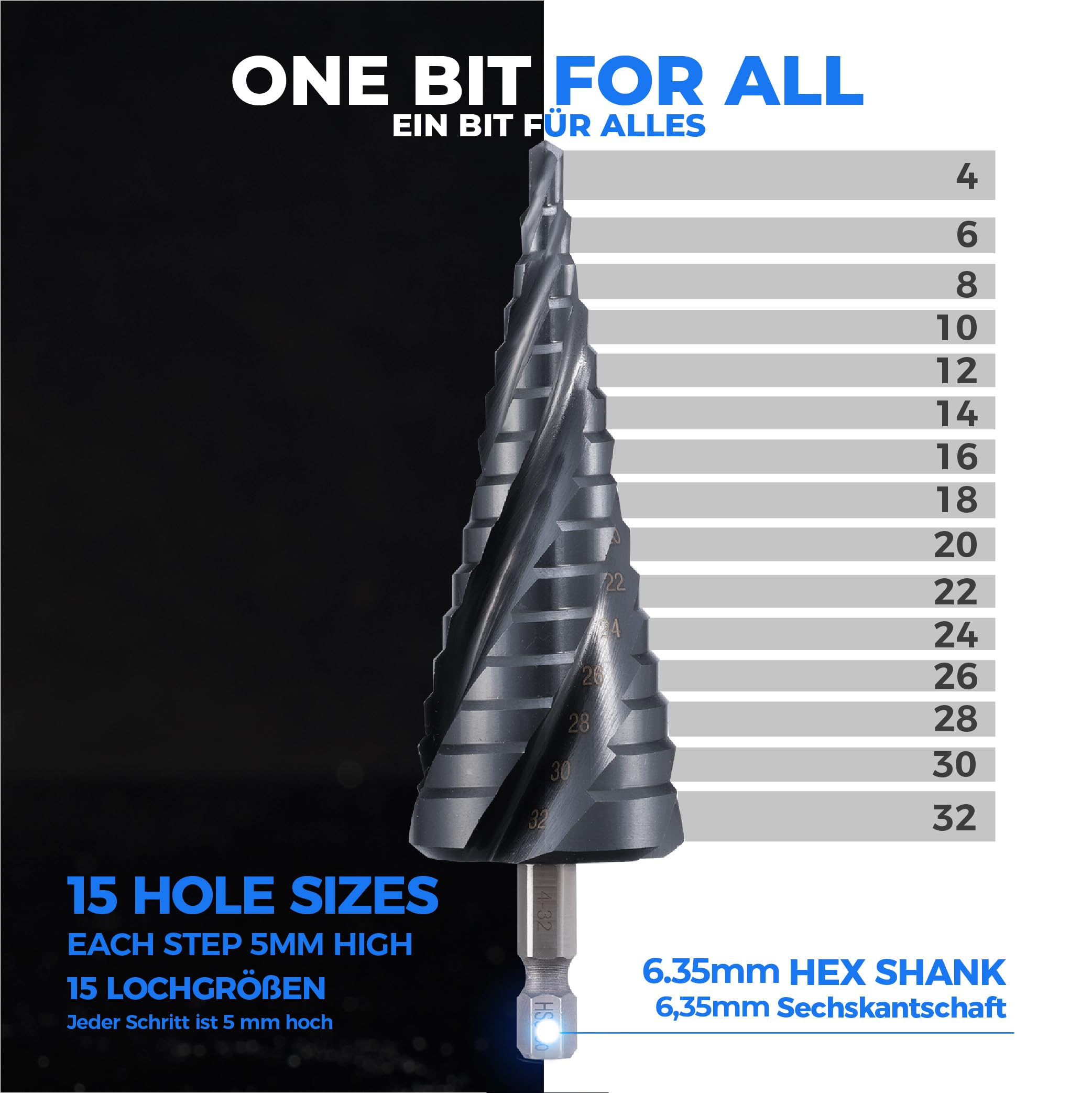 TOOLANT,Broca escalonada de cobalto de cuatro flautas en espiral (Pro Max), 4-32 mm, lista para impactos, cuatro flautas en espiral, madera, plástico