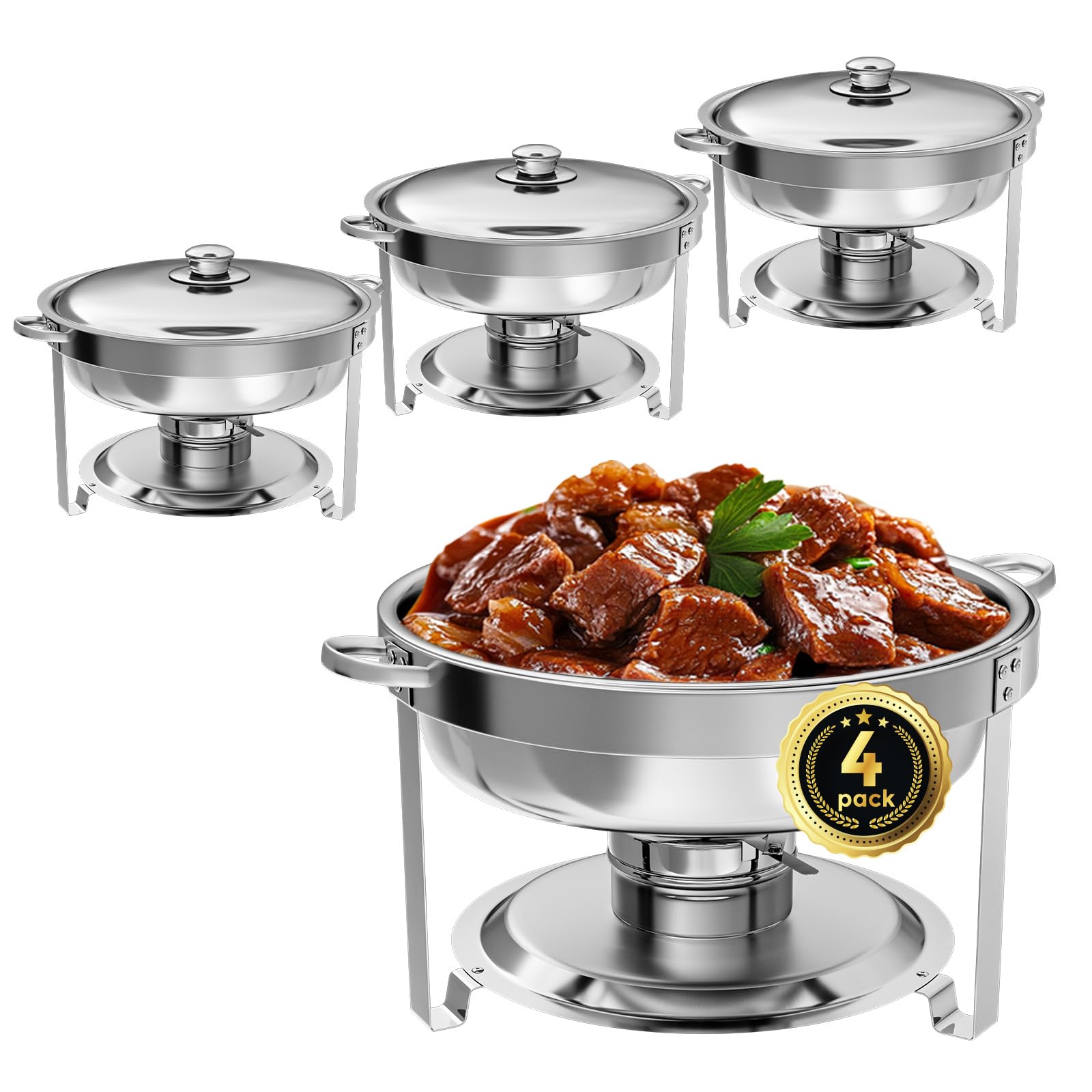 MEEZY 4-Pack Round Chafing Dish Set - 5QT Stainless Steel Buffet Food Warmer With Pans, Lid, Fuel Holder & Serving Utensils - View #14