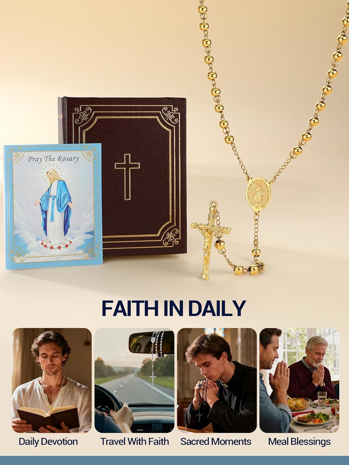 PROSTEEL Gold Virgin Mary Rosary Beads Necklace for Women, Stainless Steel Tarnish-Resistant Catholic Prayer Y-Necklace with Crucifix Cross, Gift Box & Prayer Card Included